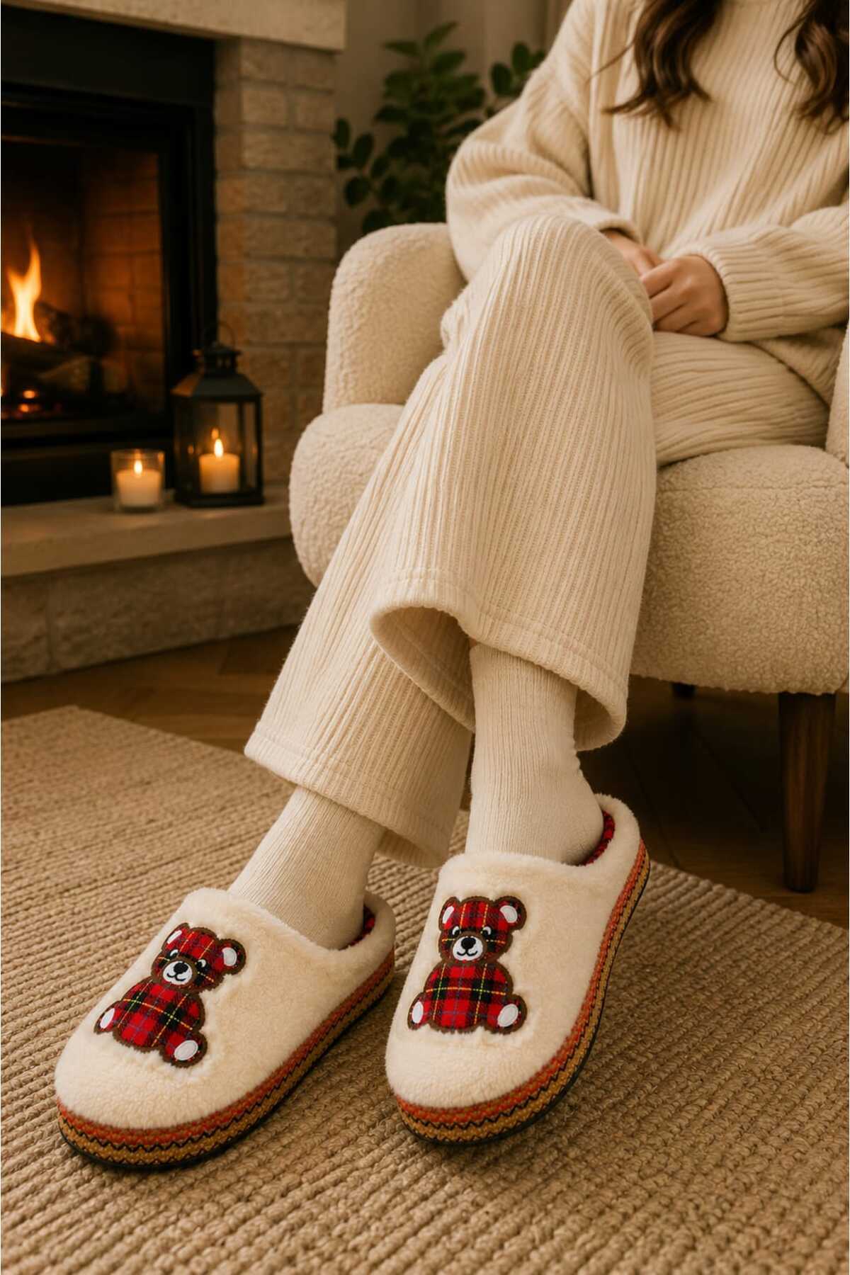 Slipcat Unisex, Ekose Desenli, Ayı Figürlü, Yumuşak, Peluş Kışlık Ev Terliği görsel 5