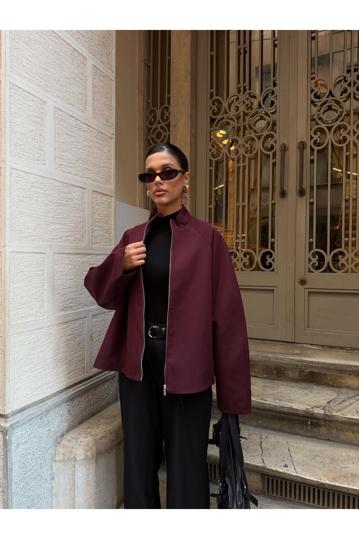 timagna Kadın Fermuarlı Dik Yakalı Kolları Dökümlü Oversize Basic Ceket Yeni Sezon görsel 5