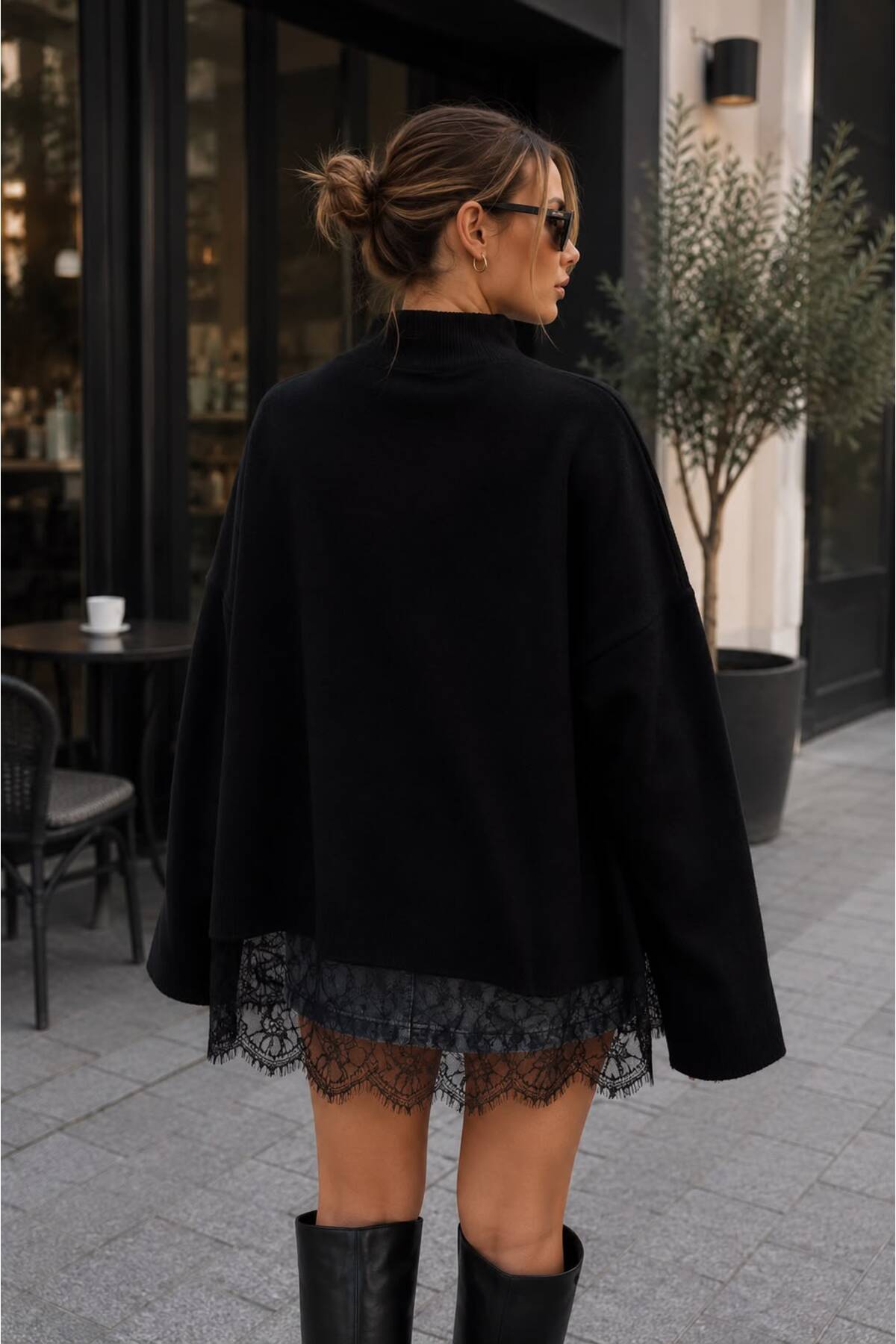 STF MODA Kadın Siyah Dantel Detaylı Yarım Balıkçı Yaka Oversize Triko Kazak görsel 4