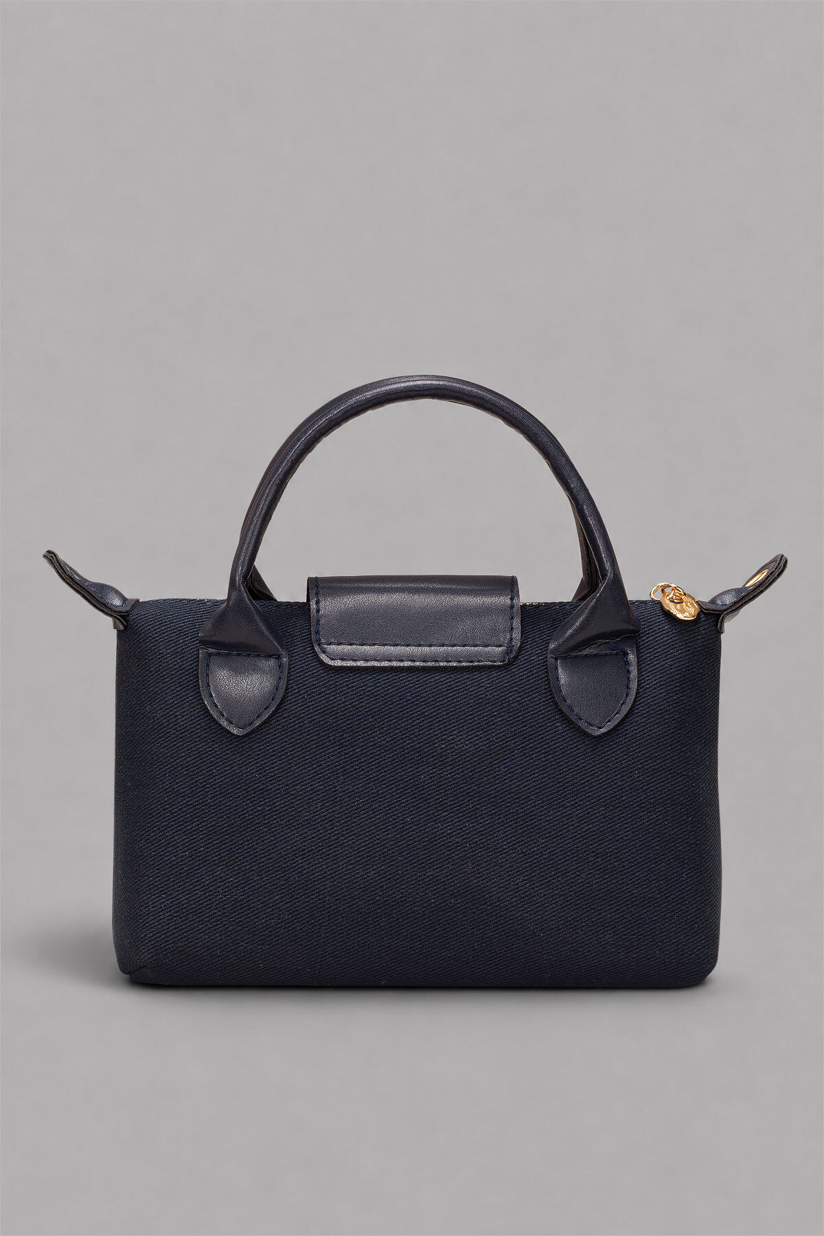 Housebags Midnight Navy, Gece Laciverti Dokulu Kanvas Kadın El ve Omuz Çantası, Gold Metal Detaylı, Fermuarlı Mini Çanta görsel 4