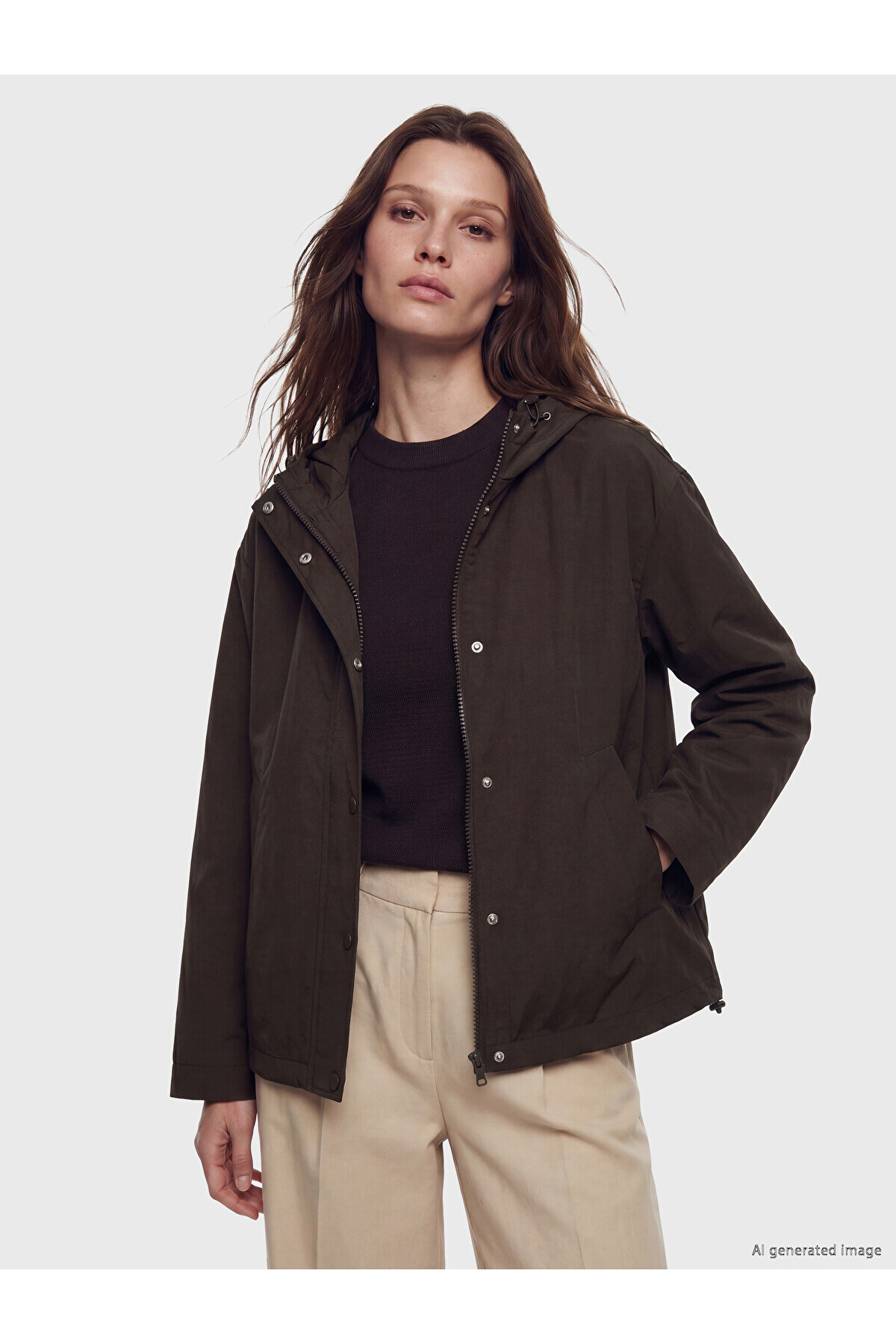 LC Waikiki LCW Modest Kahverengi Kapüşonlu Oversize Kadın Yağmurluk