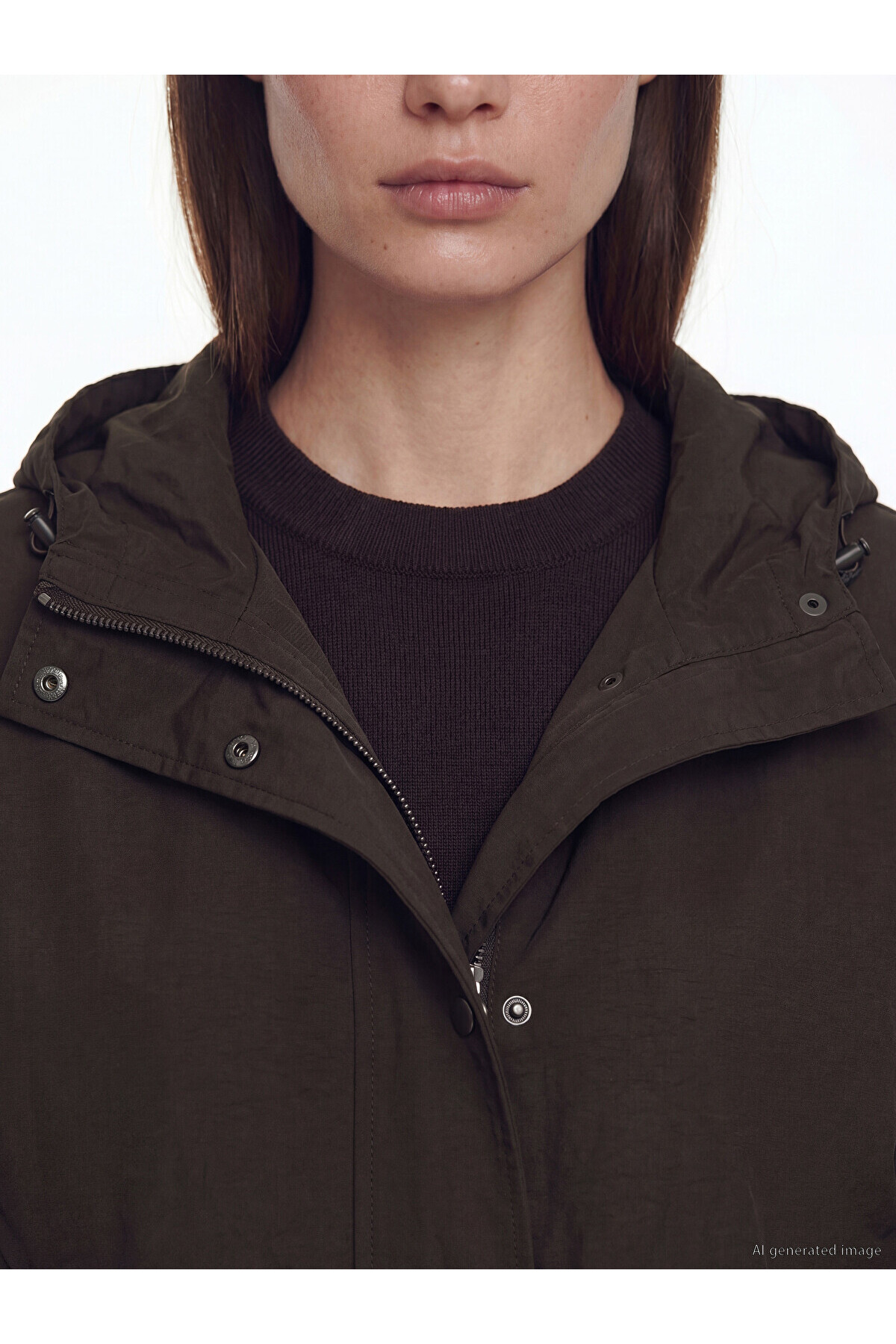 LC Waikiki LCW Modest Kahverengi Kapüşonlu Oversize Kadın Yağmurluk görsel 3