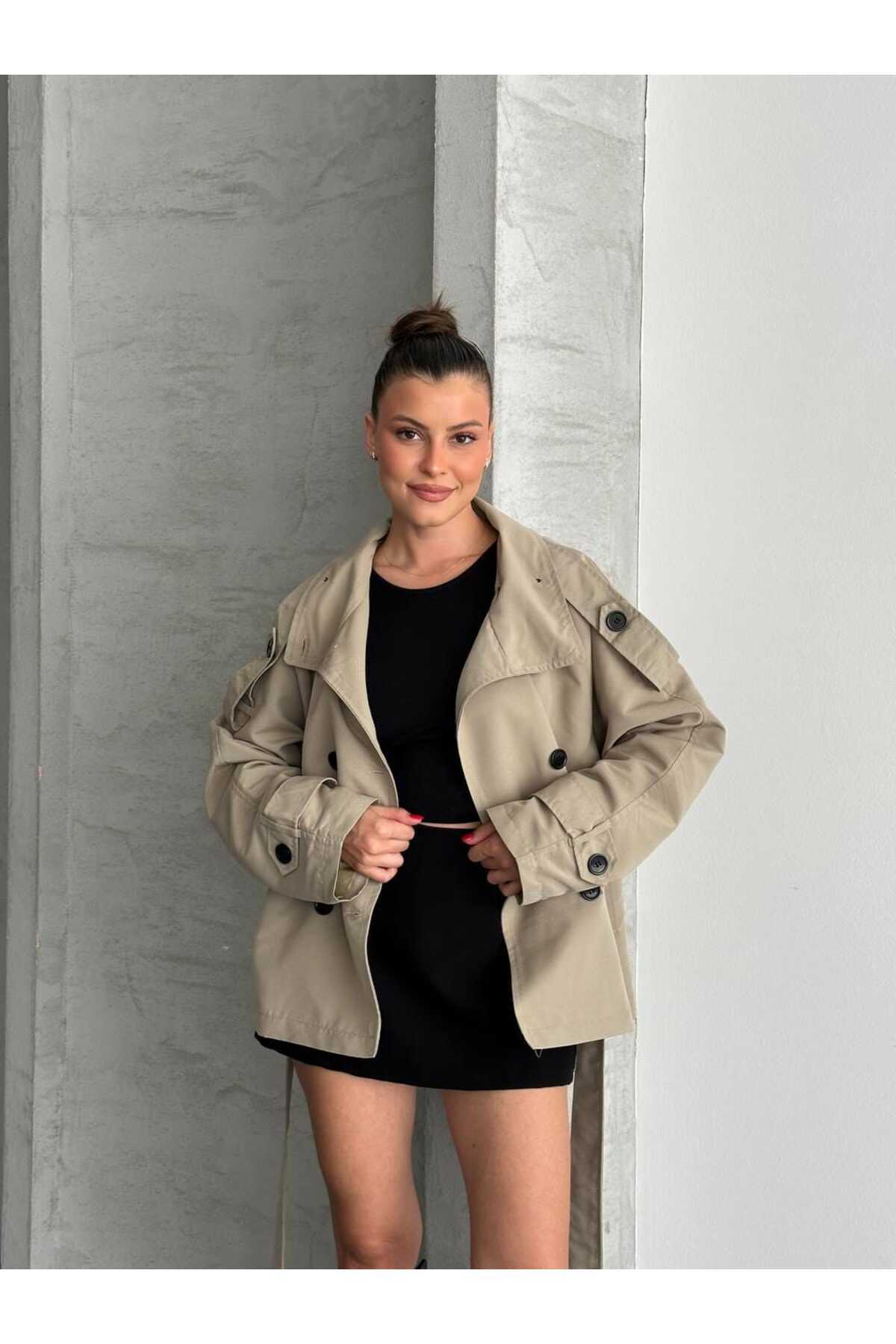 MEECY Kadın Oversize Muadil Su İtici Trençkot görsel 3