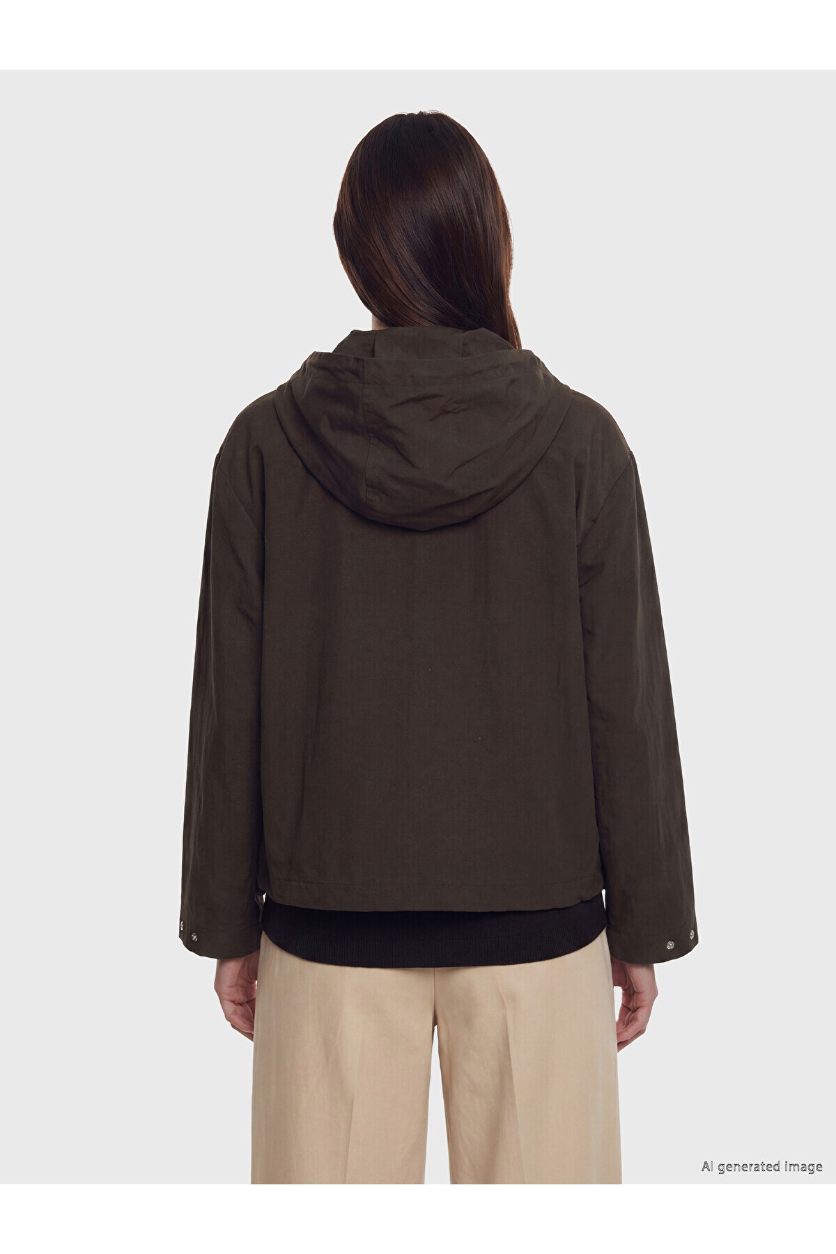 LC Waikiki LCW Modest Kahverengi Kapüşonlu Oversize Kadın Yağmurluk görsel 4