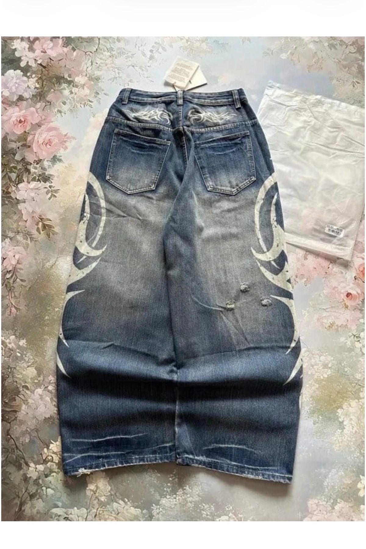 Köstebek Taşlamalı Denim Kumaş Beyaz Tribal Baskılı Harajuku Unisex Baggy Pantolon görsel 2