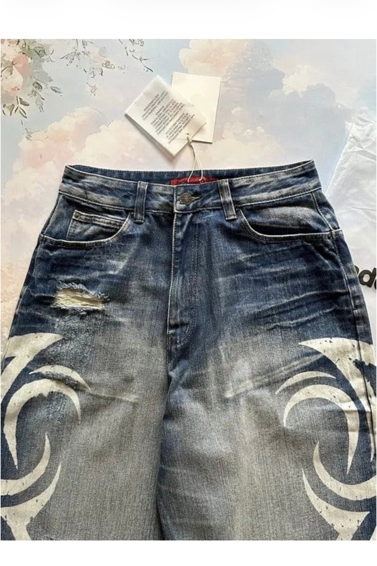 Köstebek Taşlamalı Denim Kumaş Beyaz Tribal Baskılı Harajuku Unisex Baggy Pantolon görsel 3