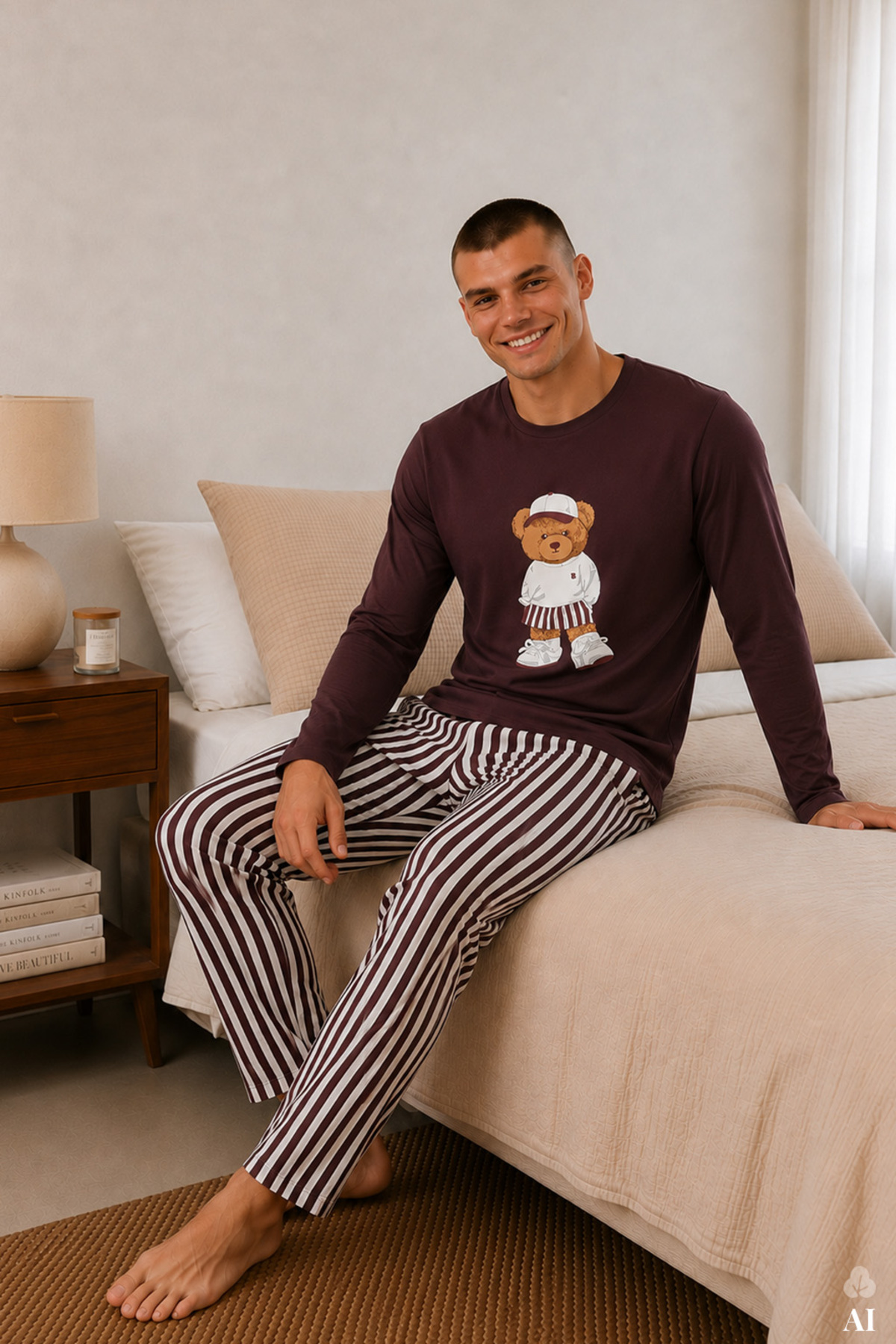 koza iç giyim Erkek Pamuklu Uzun Kollu Ayıcık Baskılı Alt Çizgili Pijama Takımı görsel 2