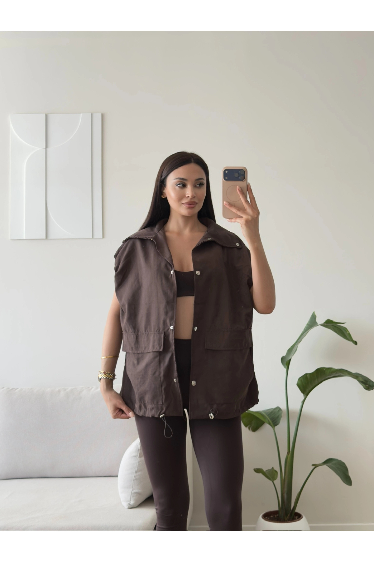Zoom Butik Bel Büzgü Cepli Yelek - KAHVE