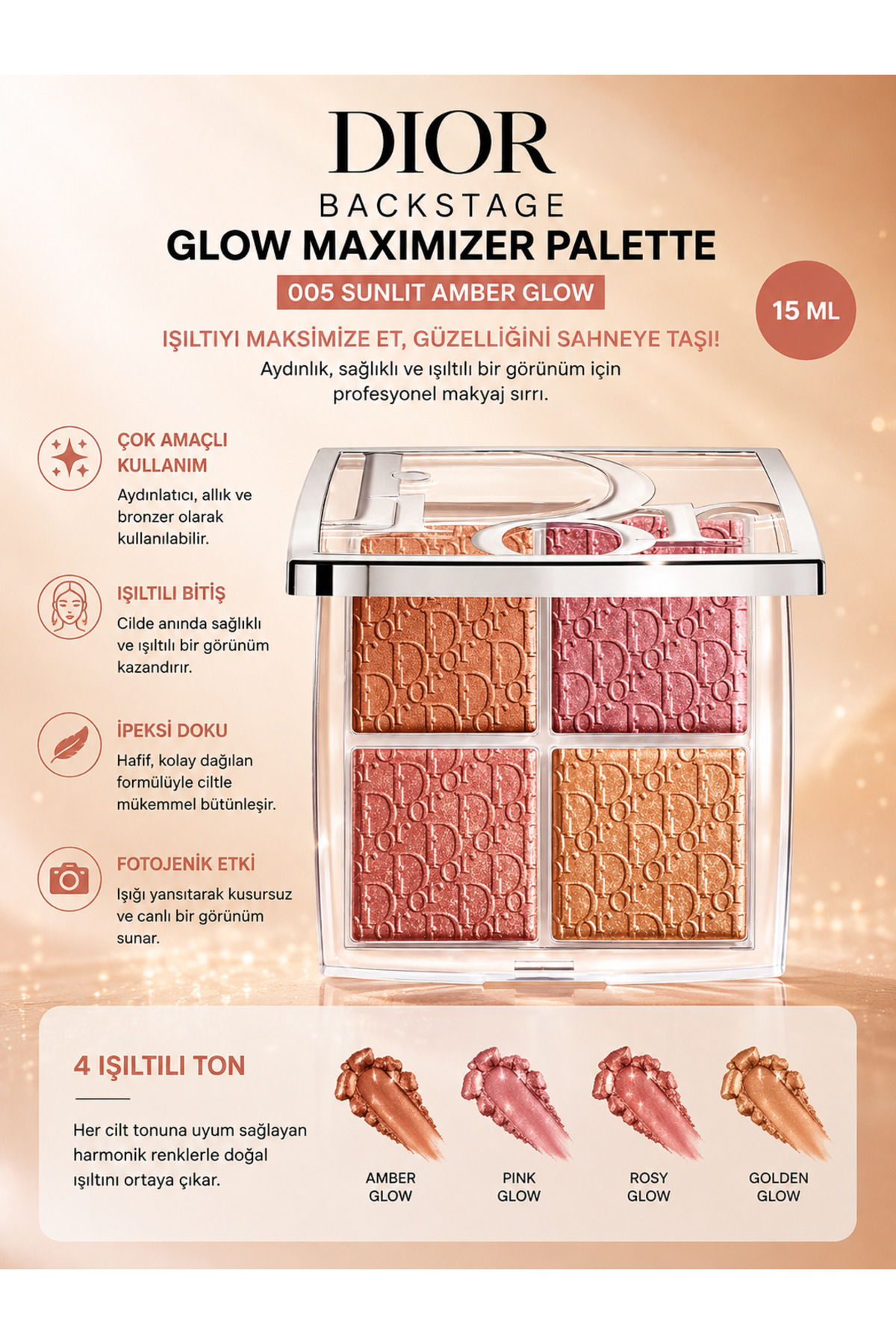 Backstage Glow Maximizer Doğal Işıltı Veren 4’lü Aydınlatıcı & Glow Yüz Paleti 15ml — 005 SUNLIT AMBER GLOW