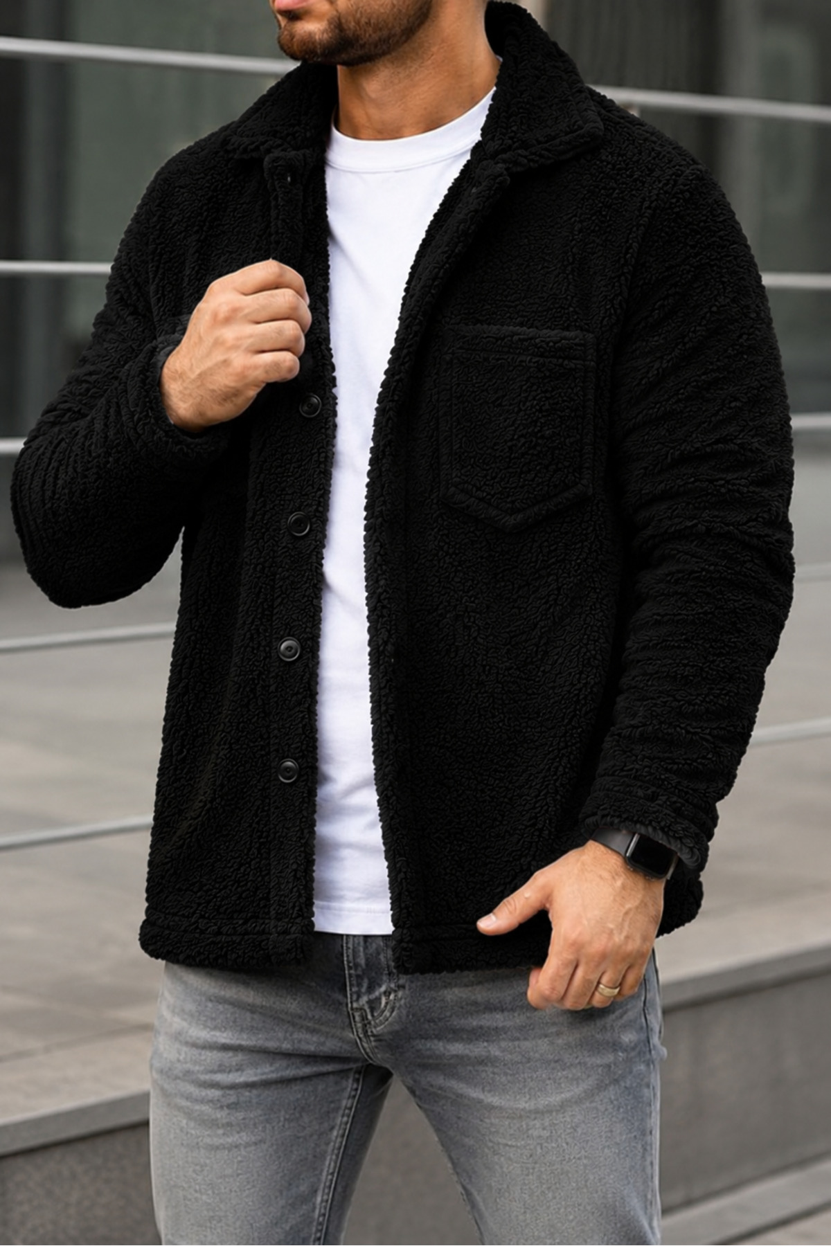 legends butik Unisex Peluş Ceket Kışlık Kalın Dokulu Düğmeli Çift Cepli Oversize Gömlek Ceket Hırka görsel 2