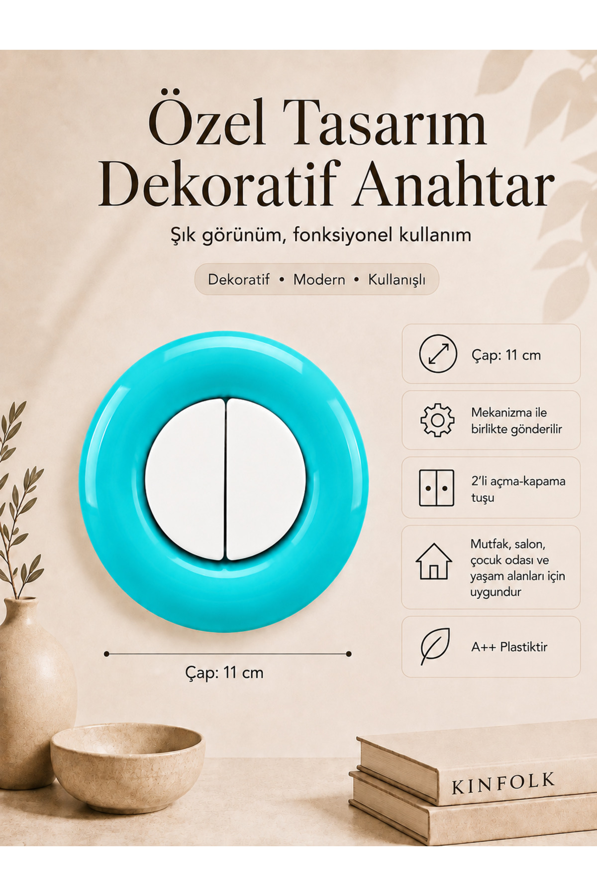 Özel Tasarım Bubble Serisi Dış Turkuaz İç Beyaz Dekoratif Komütatör Anahtar A Kalite Plastik (Mekanizma Dahildir)
