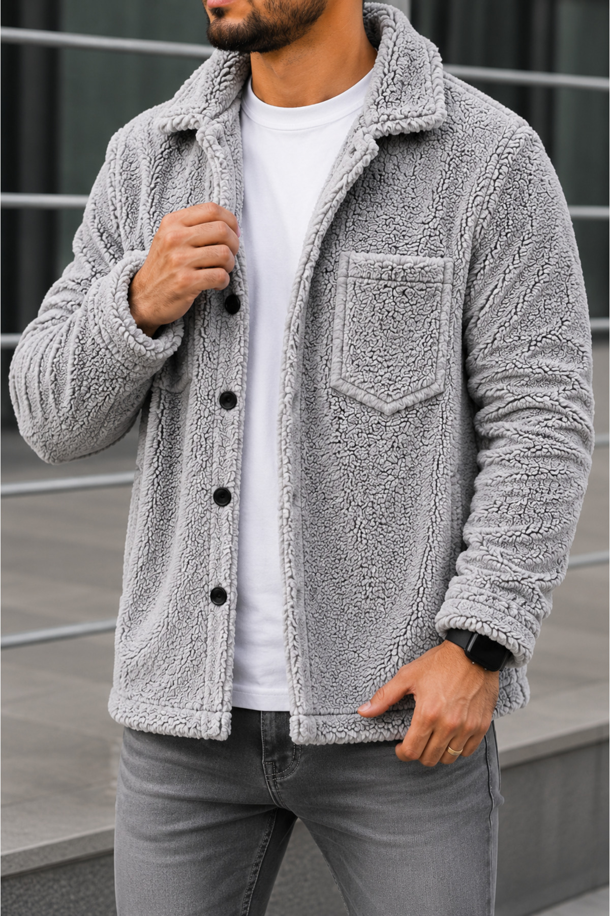 legends butik 2 Adet Unisex Peluş Ceket Seti Kışlık Kalın Dokulu Düğmeli Çift Cepli Oversize Gömlek Ceket Hırka görsel 5