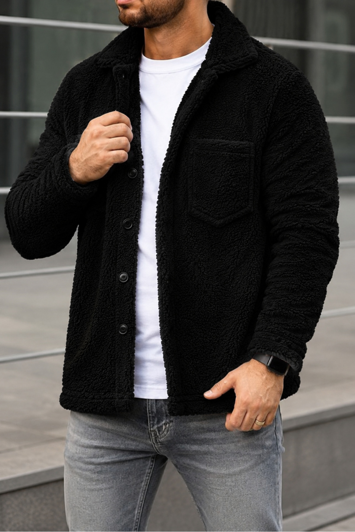 legends butik 2 Adet Unisex Peluş Ceket Seti Kışlık Kalın Dokulu Düğmeli Çift Cepli Oversize Gömlek Ceket Hırka görsel 5