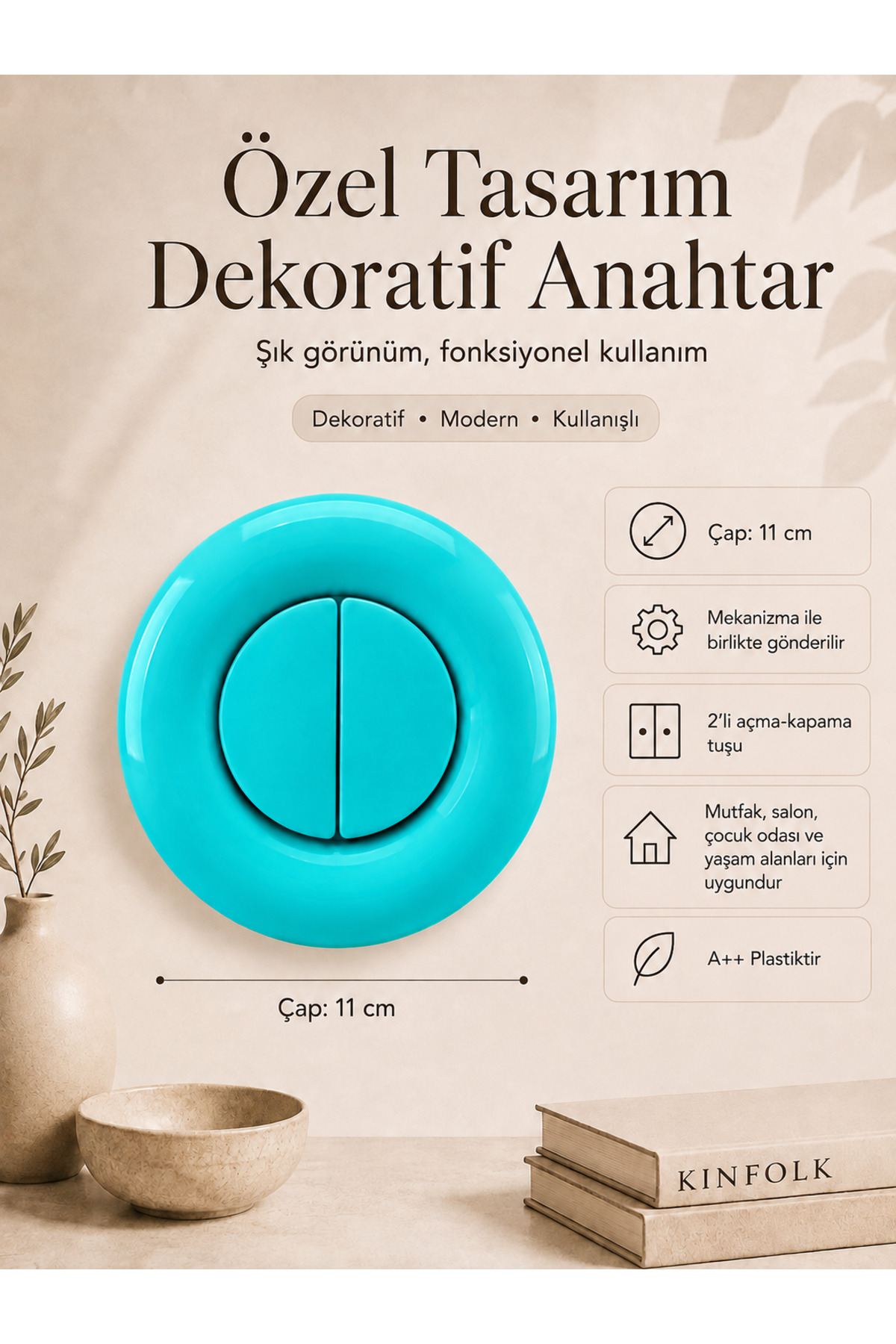 Özel Tasarım Bubble Serisi Turkuaz Dekoratif Komütatör Anahtar A Kalite Plastik (Mekanizma Dahildir)