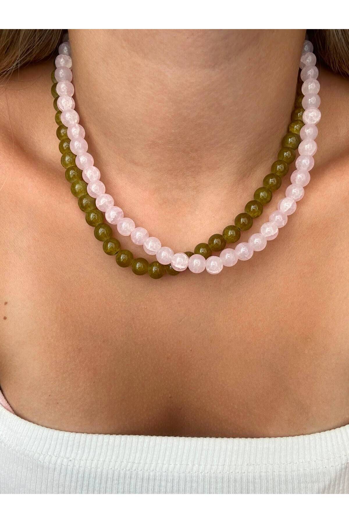 Yeşil Ve Toz Pembe Renk 2'li Yazlık Boncuk Kadın Kolye Seti - Detay Görseli 1