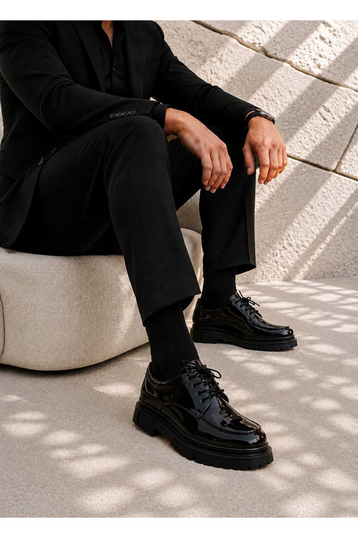 Mhoda Shoes Premium Bağlamalı Makosen Ayakkabı Siyah Rugan görsel 2