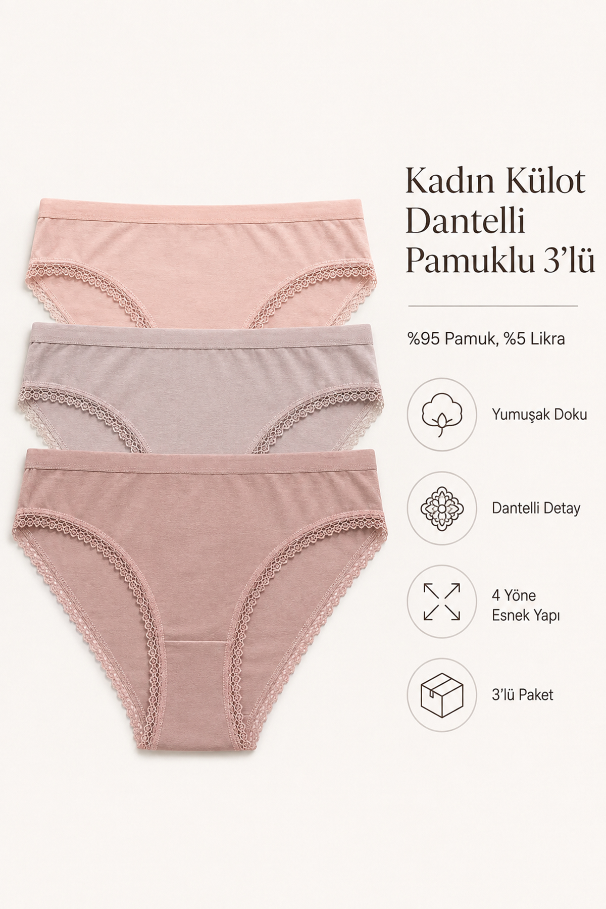 Nicoletta Kadın Külot 3 Lü Paket Likralı Dantelli Pamuklu Likrali görsel 2