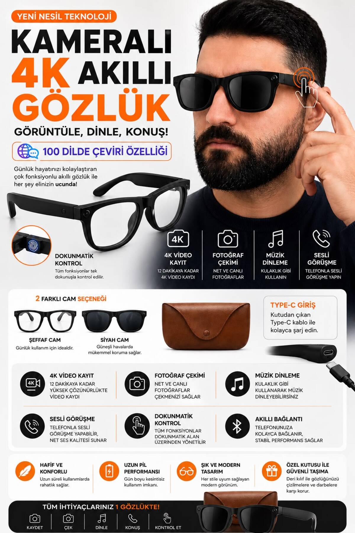 asfteknoloji 4K Kameralı-100 Dilde Çeviri-Yapay Zeka Destekli-Video ve Fotoğraf Çekimi Çift Polarize Camlı Akıllı Gözlük