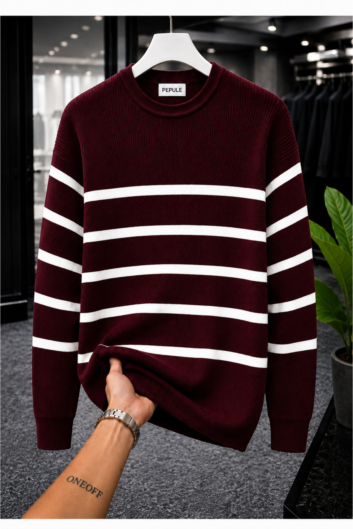 oneoff Erkek Çizgi detaylı Selanik Örme Triko Kazak Kışlık Kalın Dokulu Modern Fit Premium