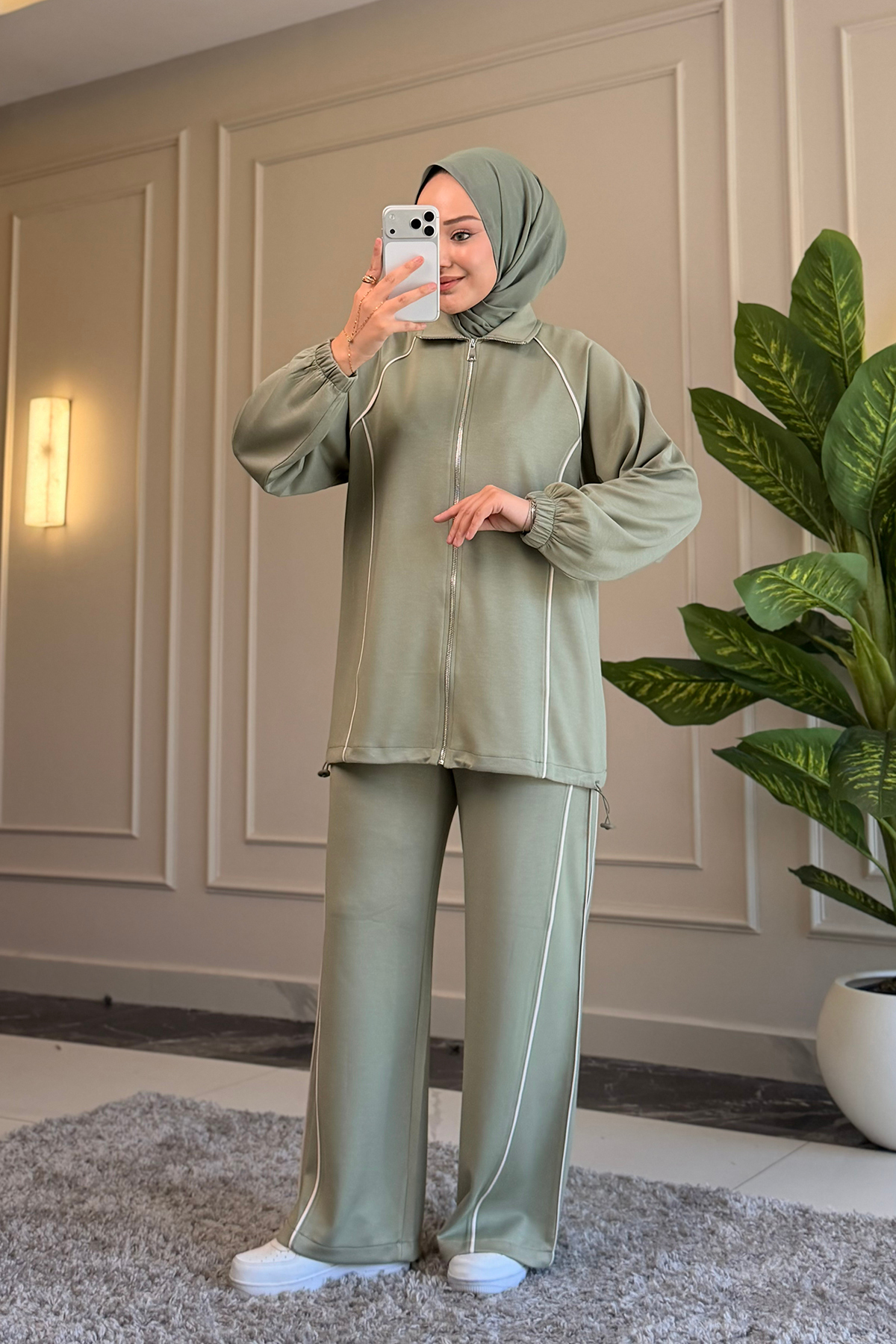 Suede Style 6628 - Şık Rahat Salaş Viskon Yumuşak İnterlok Kumaş Şerit Detaylı Kadın Takım görsel 6