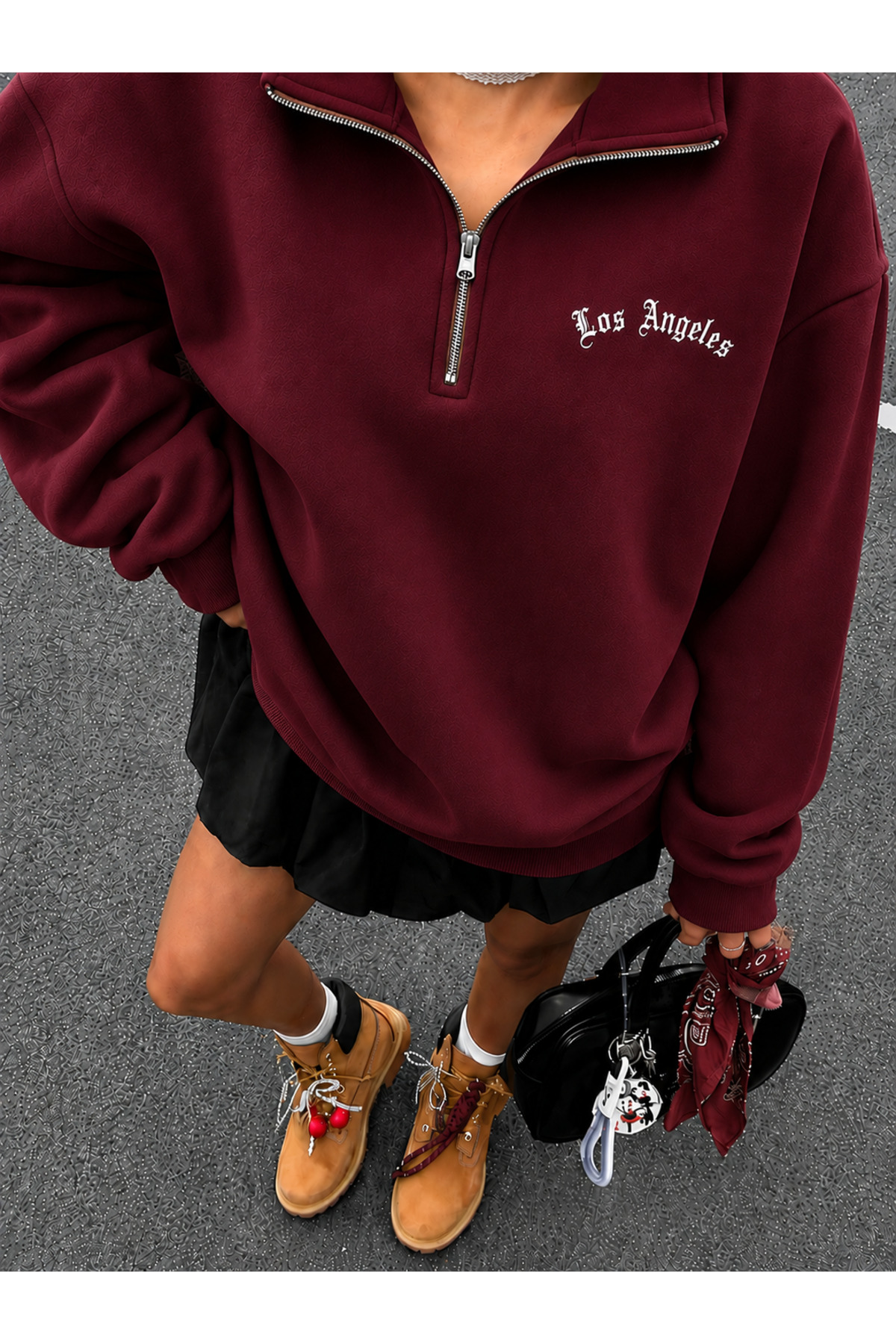 Revasser Unisex Erkek/Kadın LosAngeles Özel Baskılı Renkli Dik Yaka Yarım Fermuarlı Pamuklu Oversize Sweatshirt