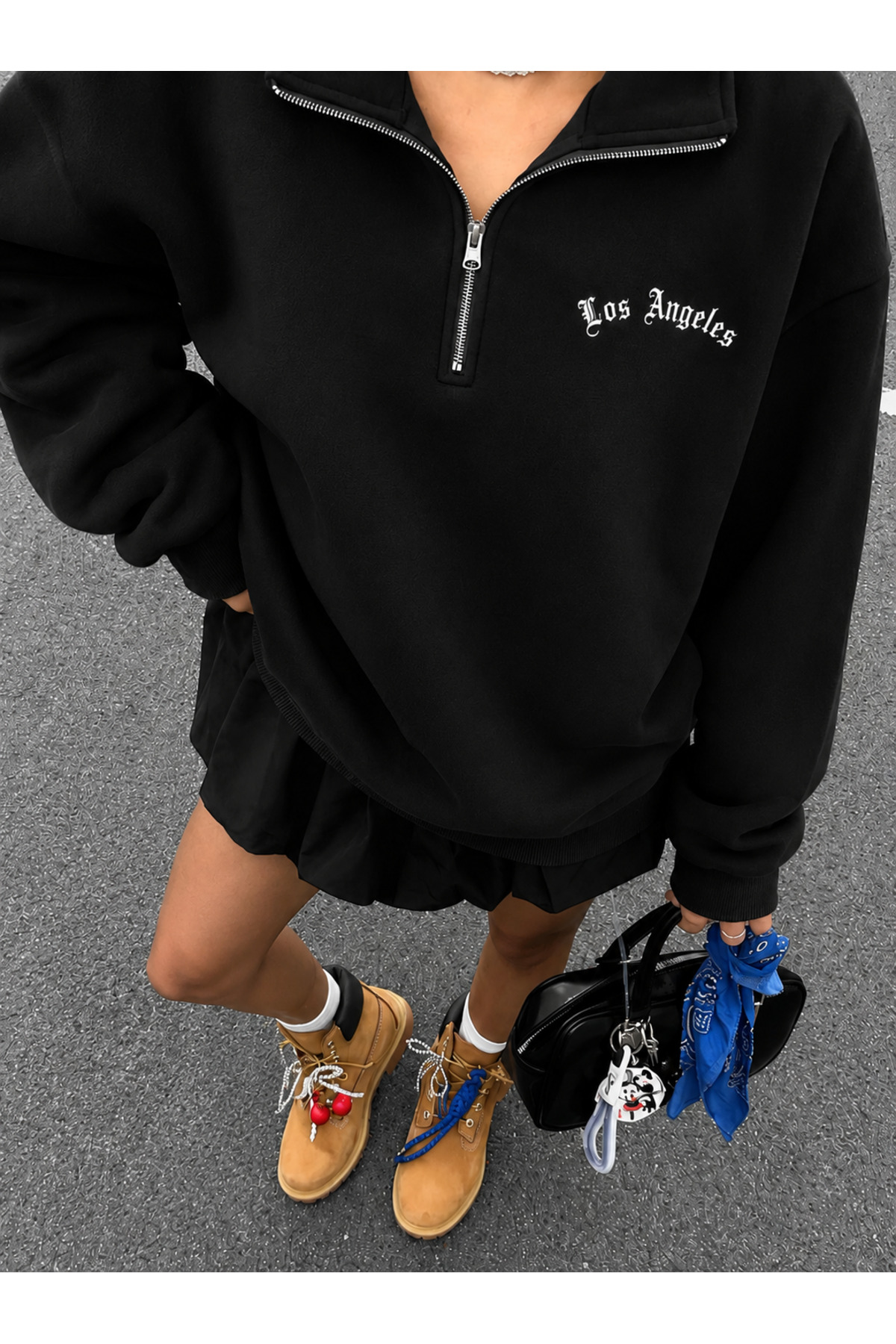 Revasser Unisex Erkek/Kadın LosAngeles Özel Baskılı Renkli Dik Yaka Yarım Fermuarlı Pamuklu Oversize Sweatshirt