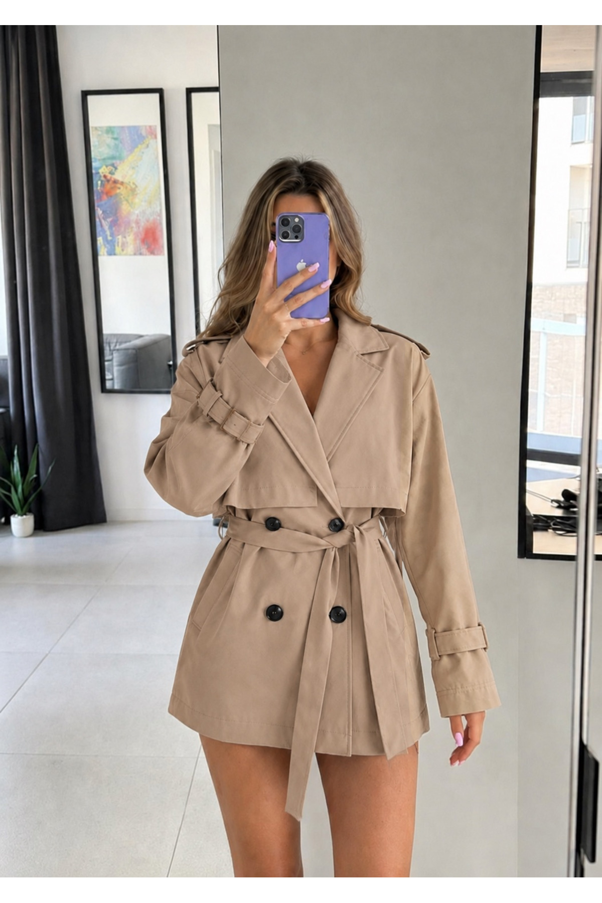 Ekim Store Pelerinli Düğmeli Kruvaze Trençkot görsel 5