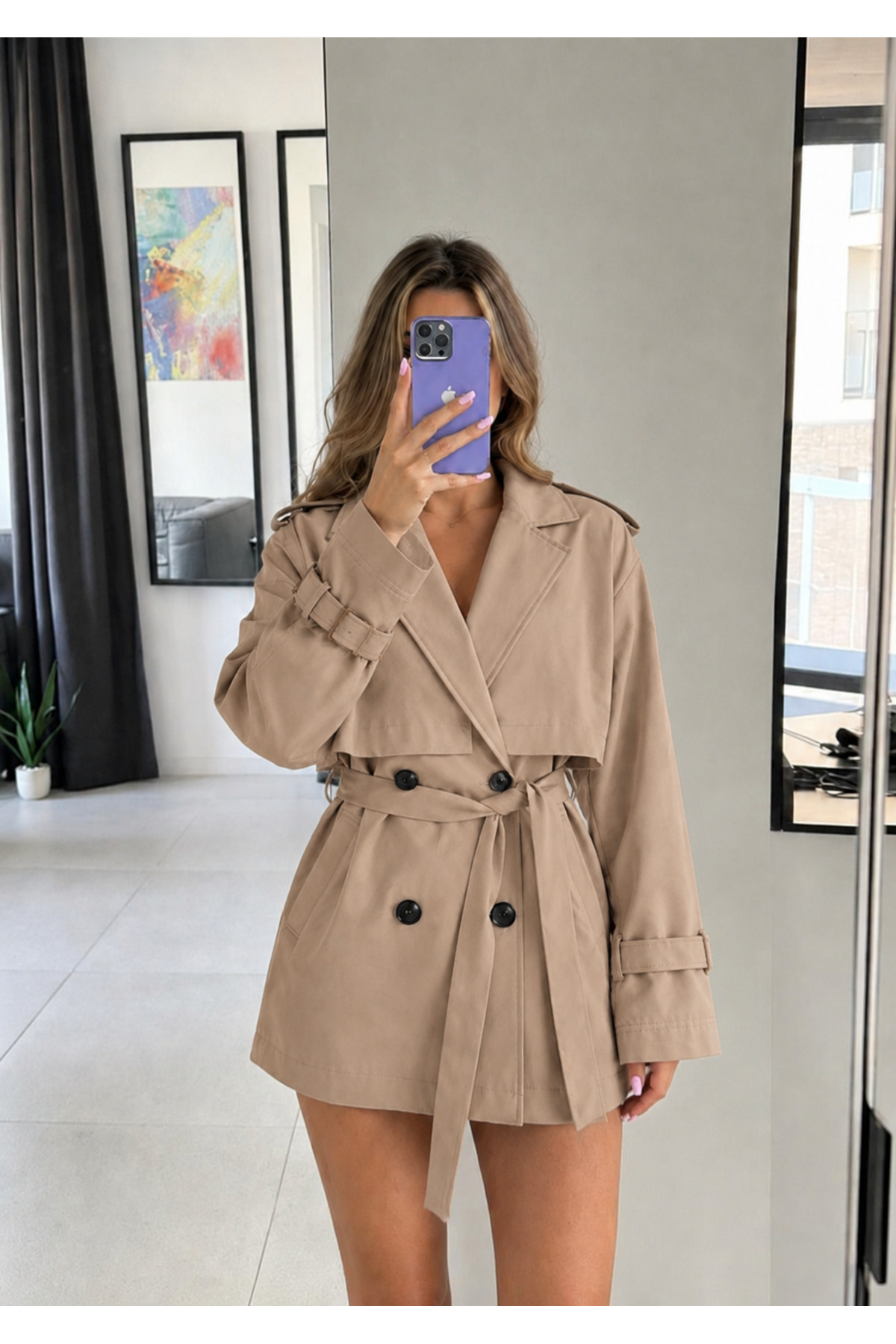 Ekim Store Pelerinli Düğmeli Kruvaze Trençkot görsel 4