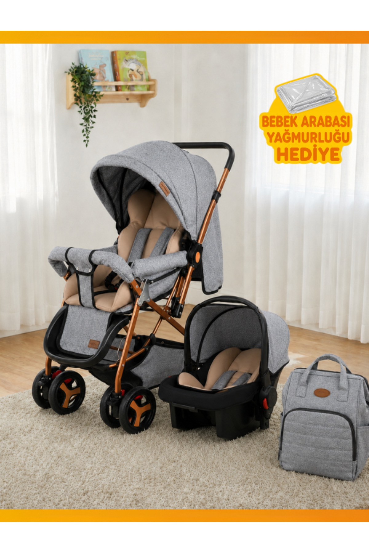 modabebekler Çift Yönlü Travel Sistem Bebek Arabası, Ana Kucağı ve Bakım Çantalı Gold Kasa 3'lü Set