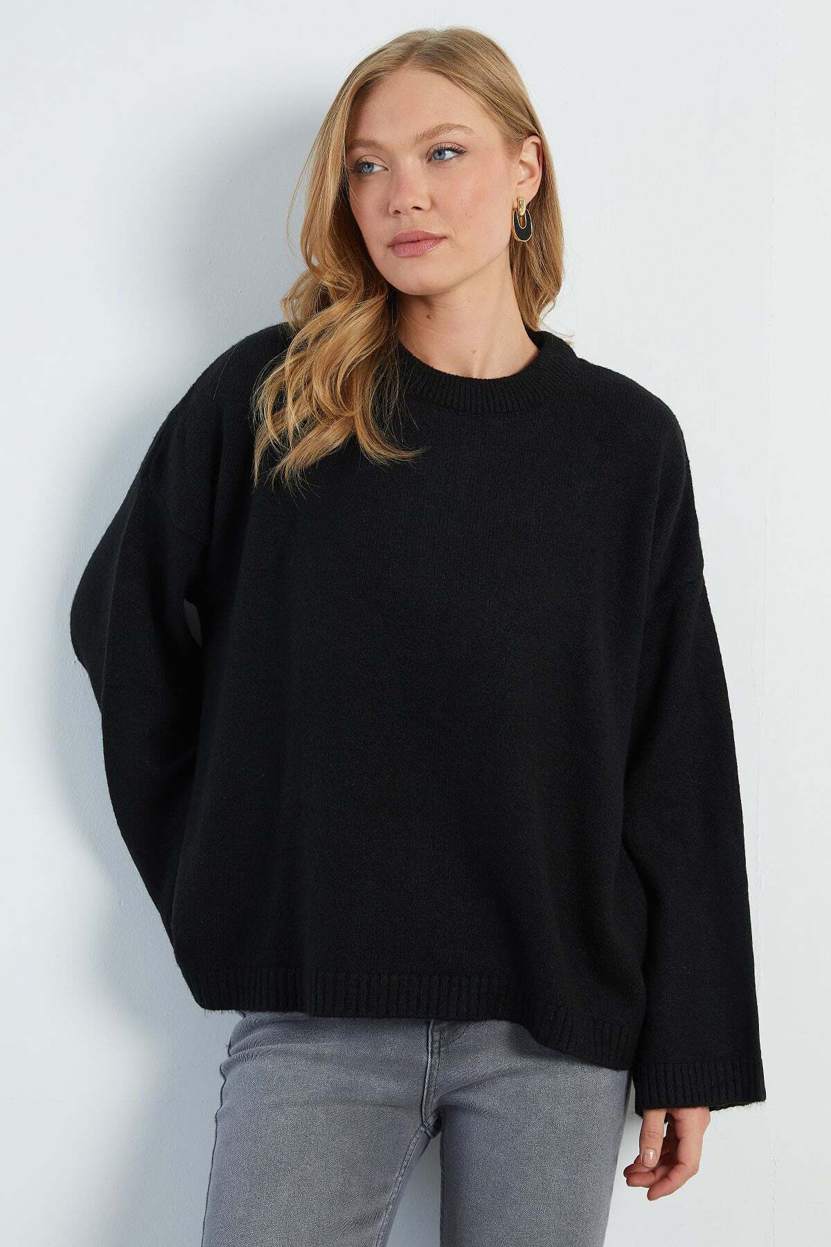 Fulla Moda Basic Bisiklet Yaka Salaş Triko Kazak görsel 3