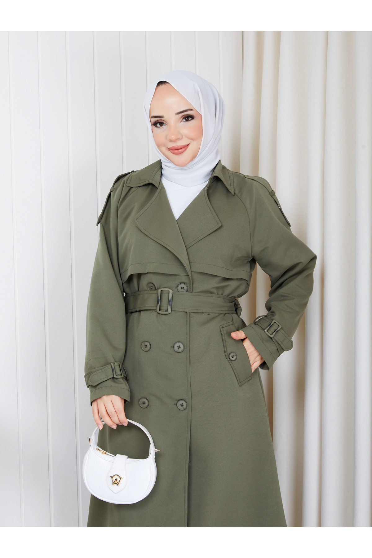 RACE FASHİON Kruvaze Yaka Kuşak Düğme Detaylı Astarlı Tesettür Trençkot RC3167 görsel 6