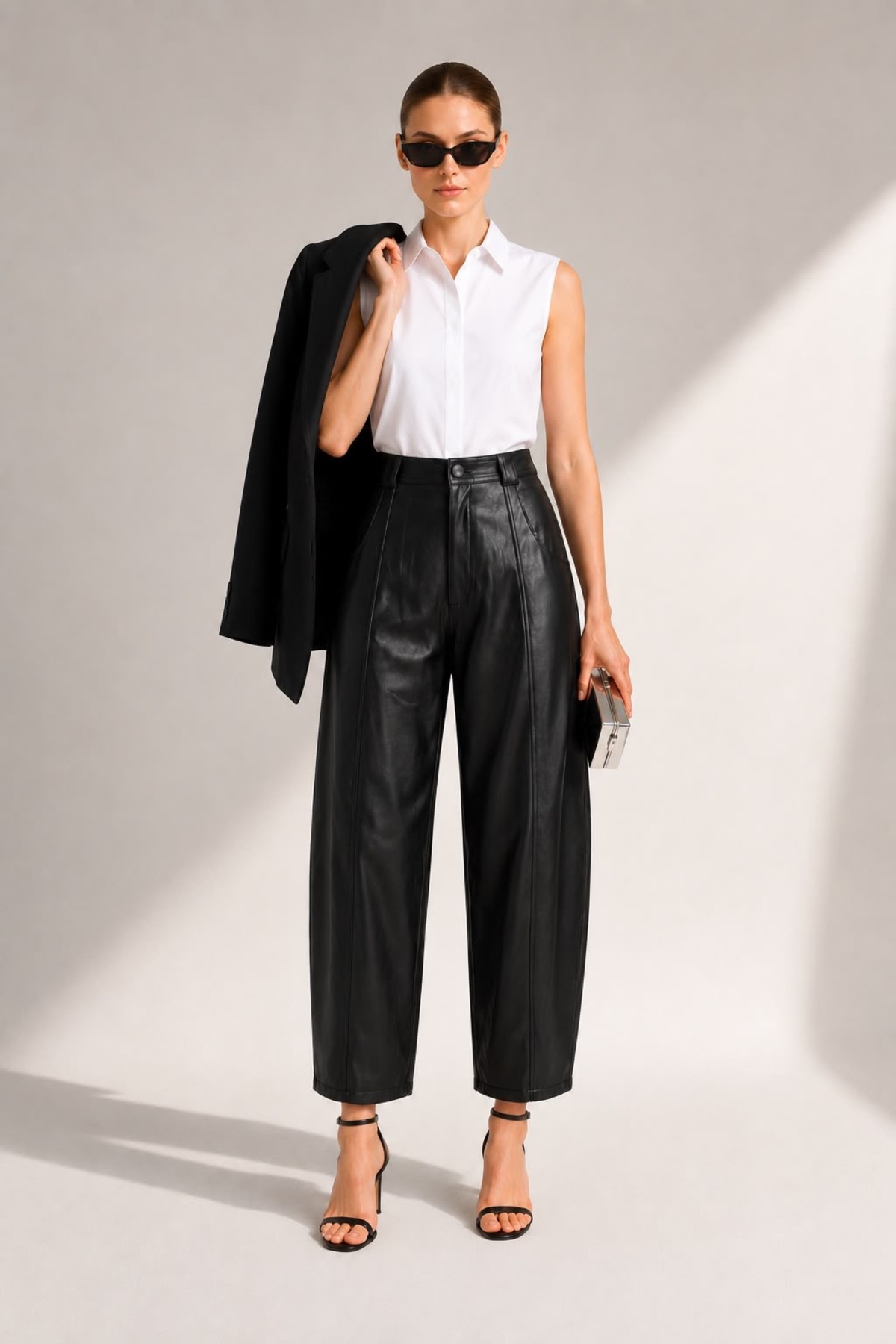 Grenj Fashion Siyah Yüksek Bel Barrel Boru Paça Suni Deri Pantolon görsel 2