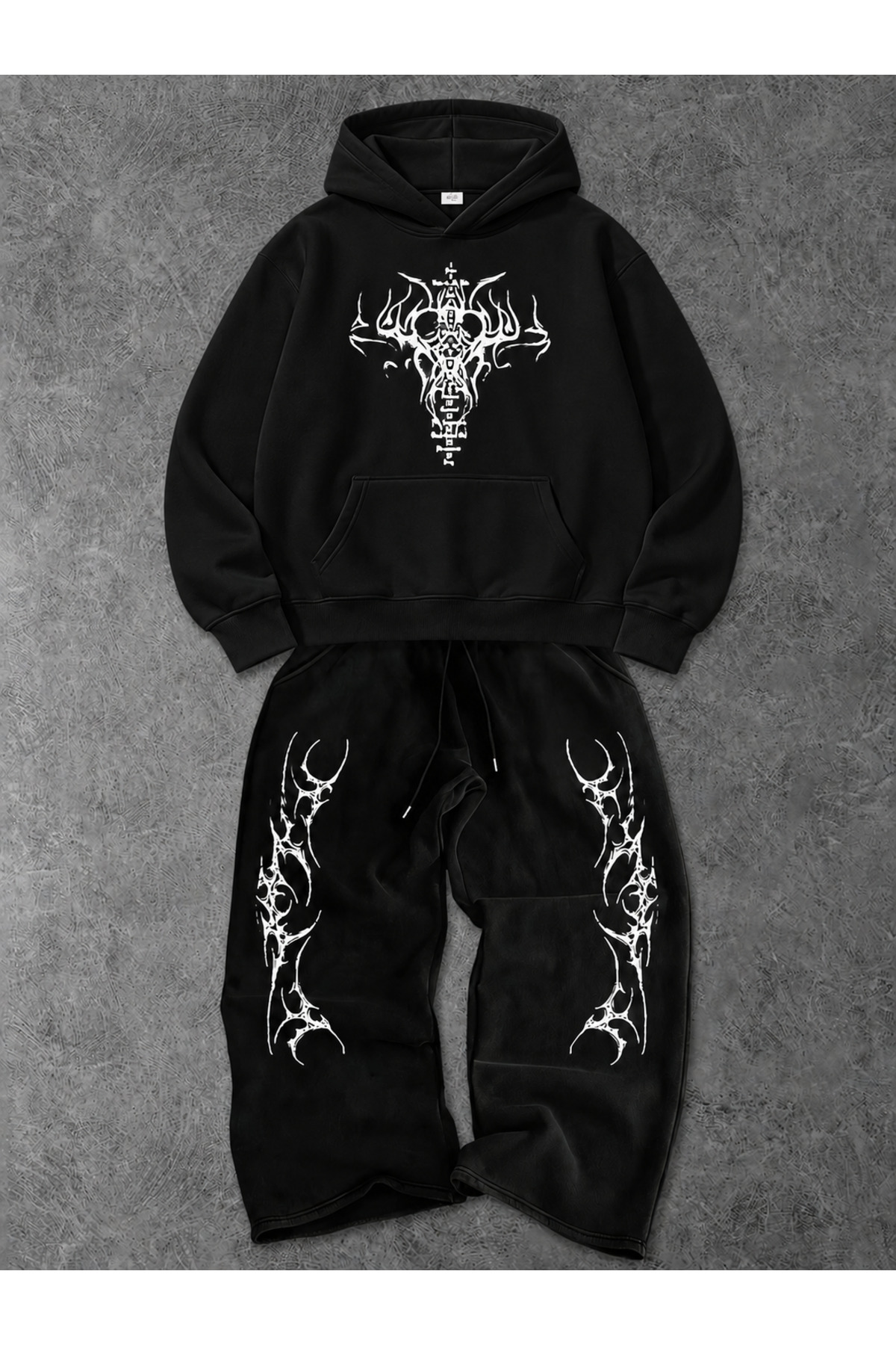 Unisex Erkek Kadın Punch Baskılı Oversize 3 İplik Kapüşonlu Hoodie ve Baggy Alt Eşofman Takımı — مشکی darkopiapunchbgy