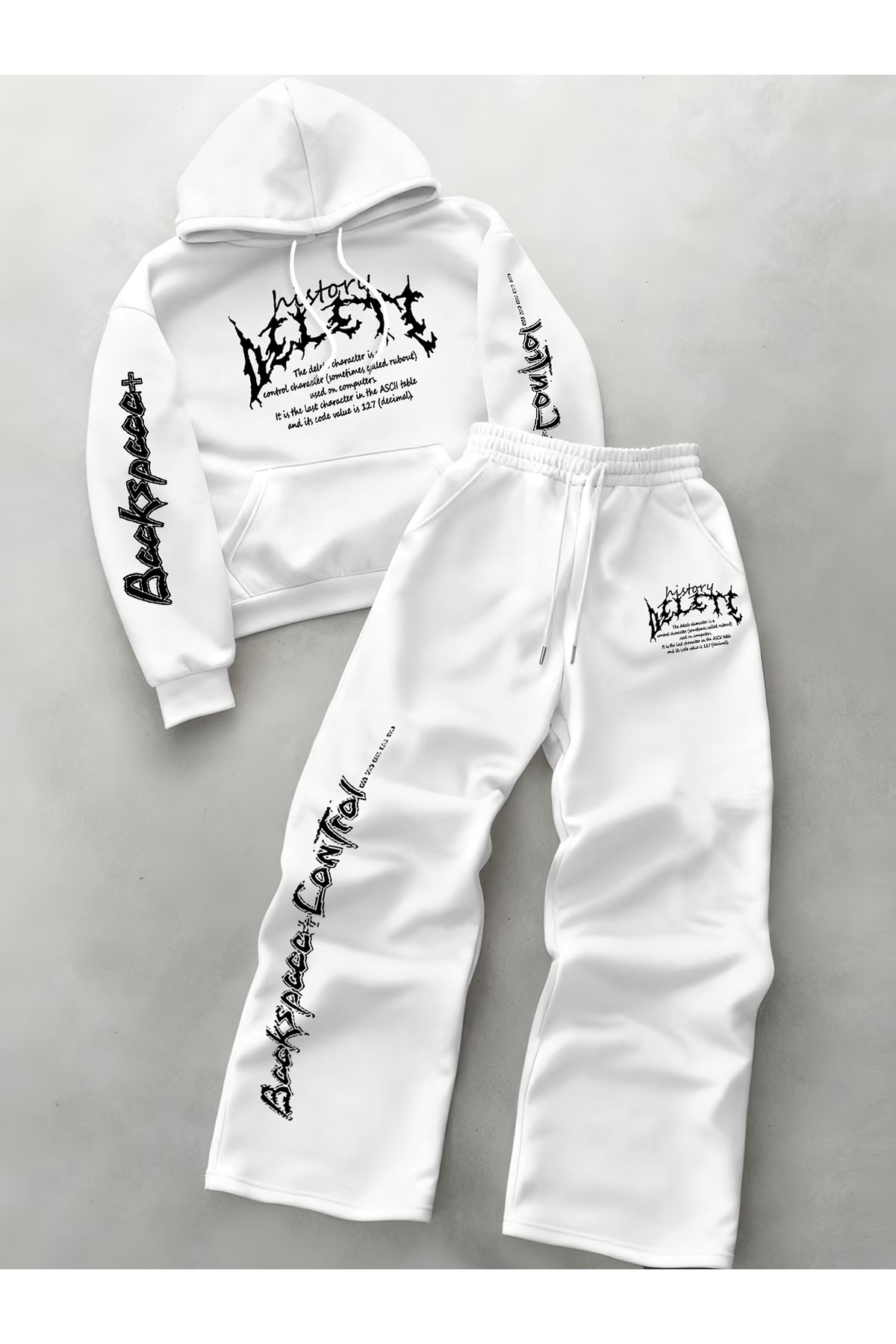 Unisex Erkek Kadın Delete Yazı Baskılı Oversize 3 İplik Kapüşonlu Hoodie ve Baggy Alt Eşofman Takımı — سفید darkopiadltbgy