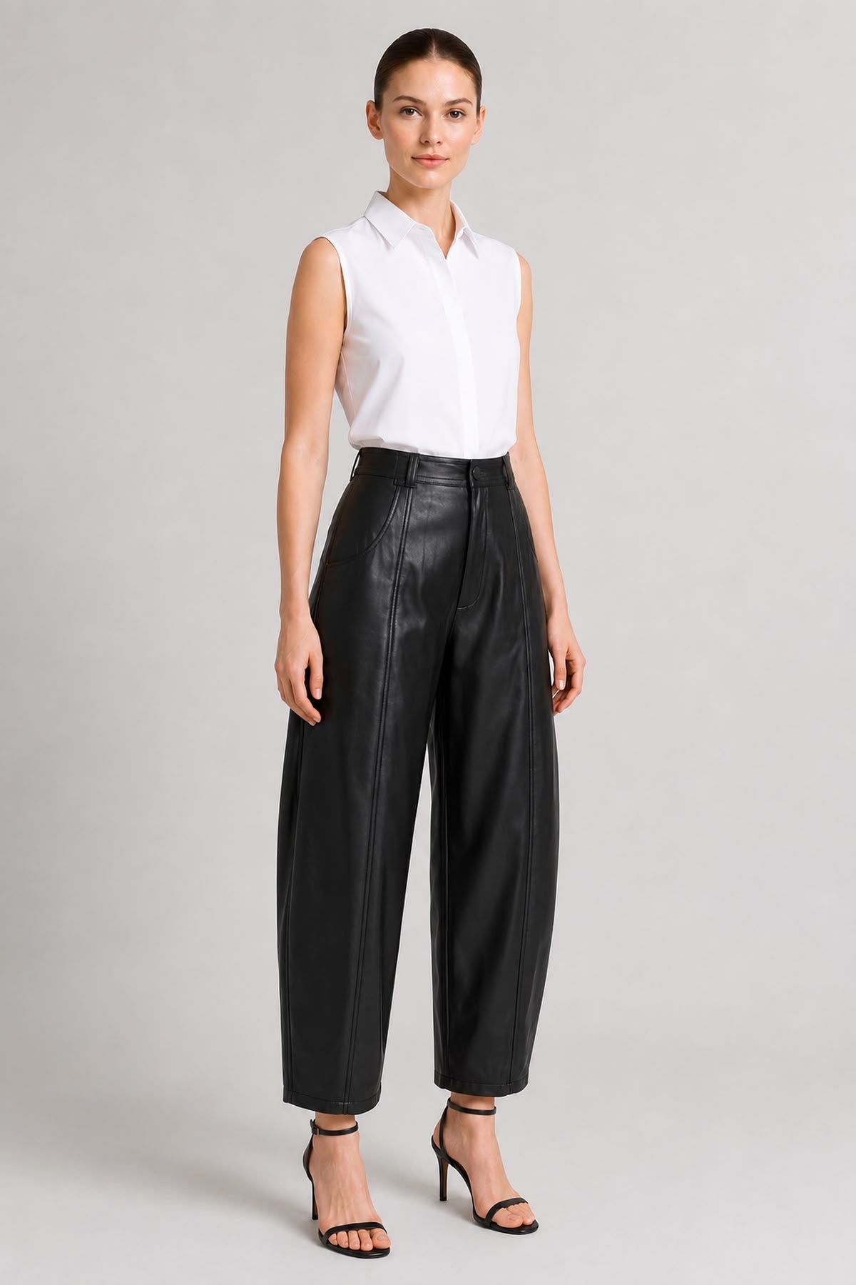 Grenj Fashion Siyah Yüksek Bel Barrel Boru Paça Suni Deri Pantolon görsel 3