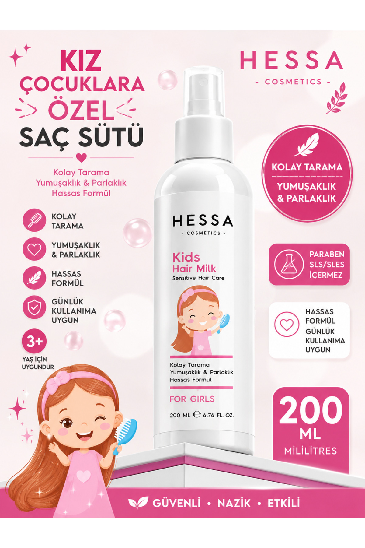 Kız Çocuk Saç Bakım Seti | Kız Çocuk Şampuanı 400 ml + Saç Sütü 200ml — HESSA KIZ SET 01 — تصویر 5 از 7