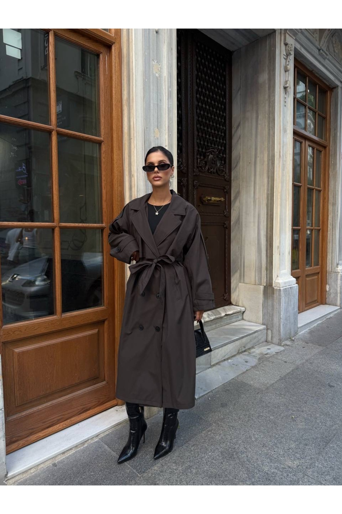 Ekim Store Oversize Pelerinli Kuşaklı Uzun Trençkot görsel 4