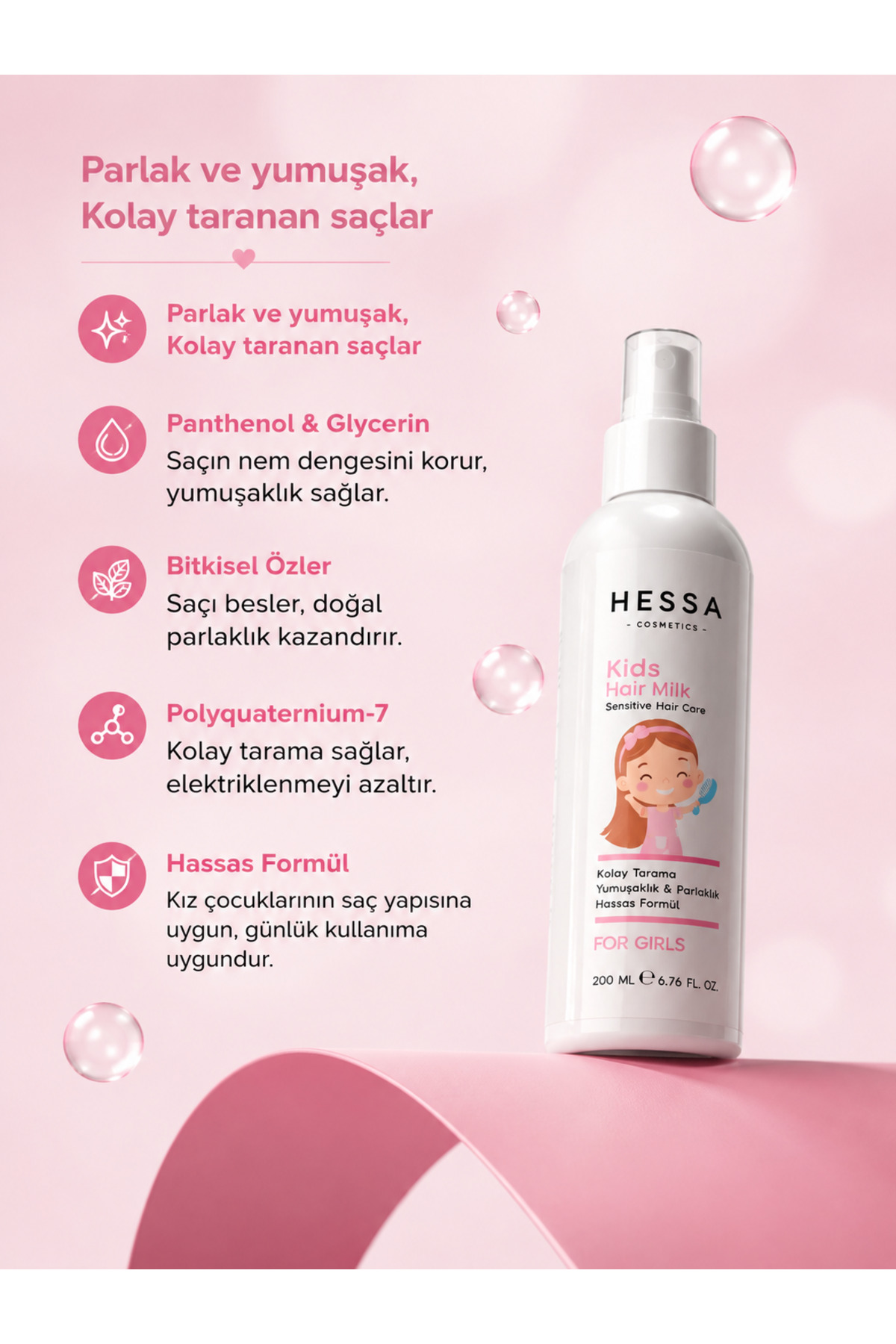 Kız Çocuk Saç Bakım Seti | Kız Çocuk Şampuanı 400 ml + Saç Sütü 200ml — HESSA KIZ SET 01 — تصویر 4 از 7