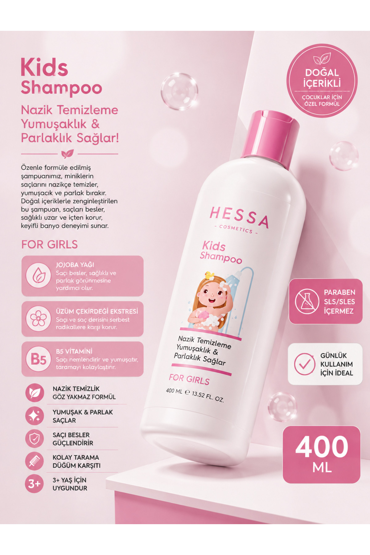 Kız Çocuk Saç Bakım Seti | Kız Çocuk Şampuanı 400 ml + Saç Sütü 200ml — HESSA KIZ SET 01 — تصویر 3 از 7