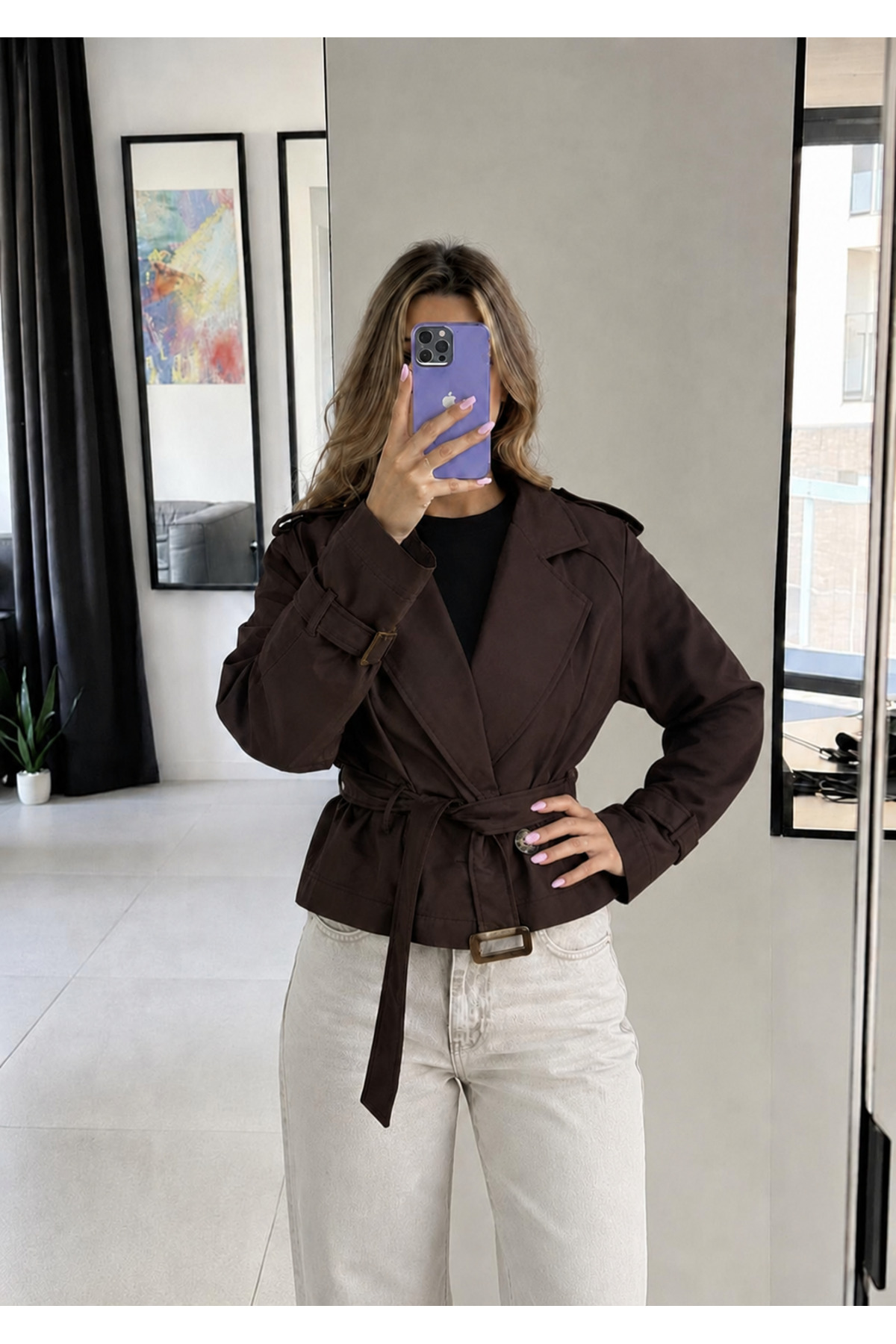 Ekim Store Kruvaze Kuşaklı Crop Trenç Ceket görsel 5