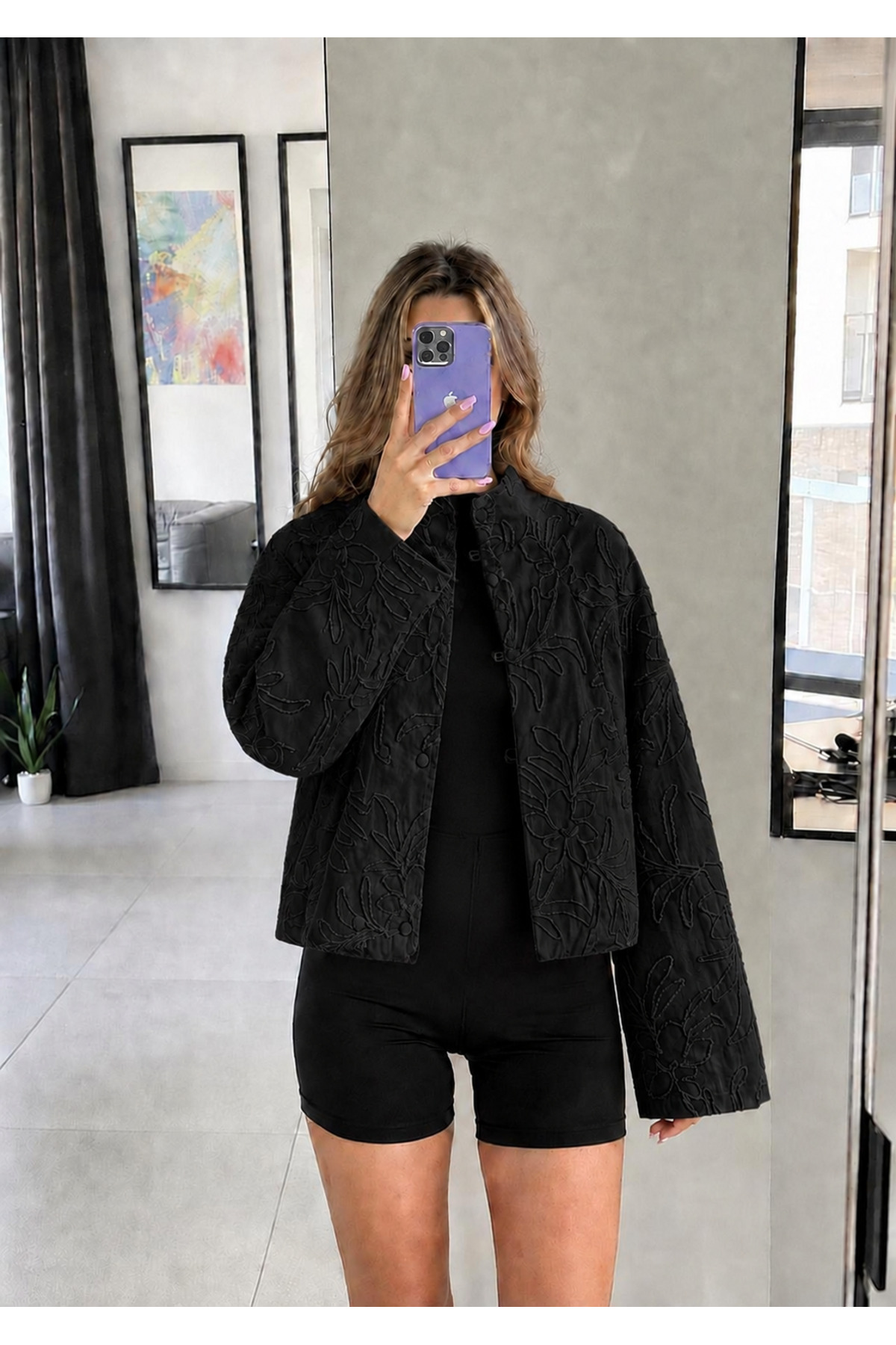 Ekim Store Çiçek Nakışlı Çıtçıtlı Bomber Ceket görsel 4