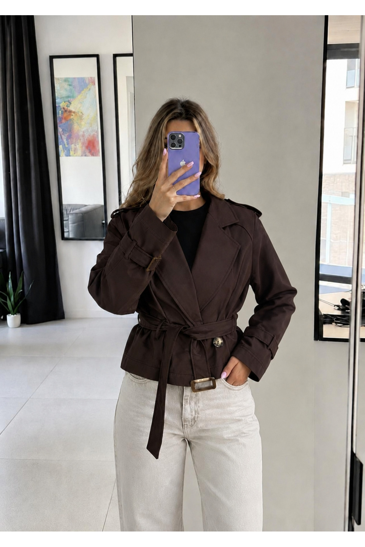 Ekim Store Kruvaze Kuşaklı Crop Trenç Ceket görsel 3