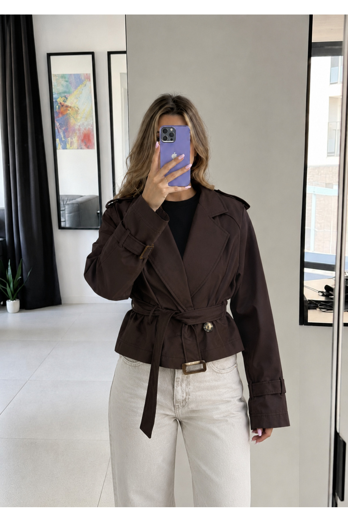 Ekim Store Kruvaze Kuşaklı Crop Trenç Ceket görsel 4