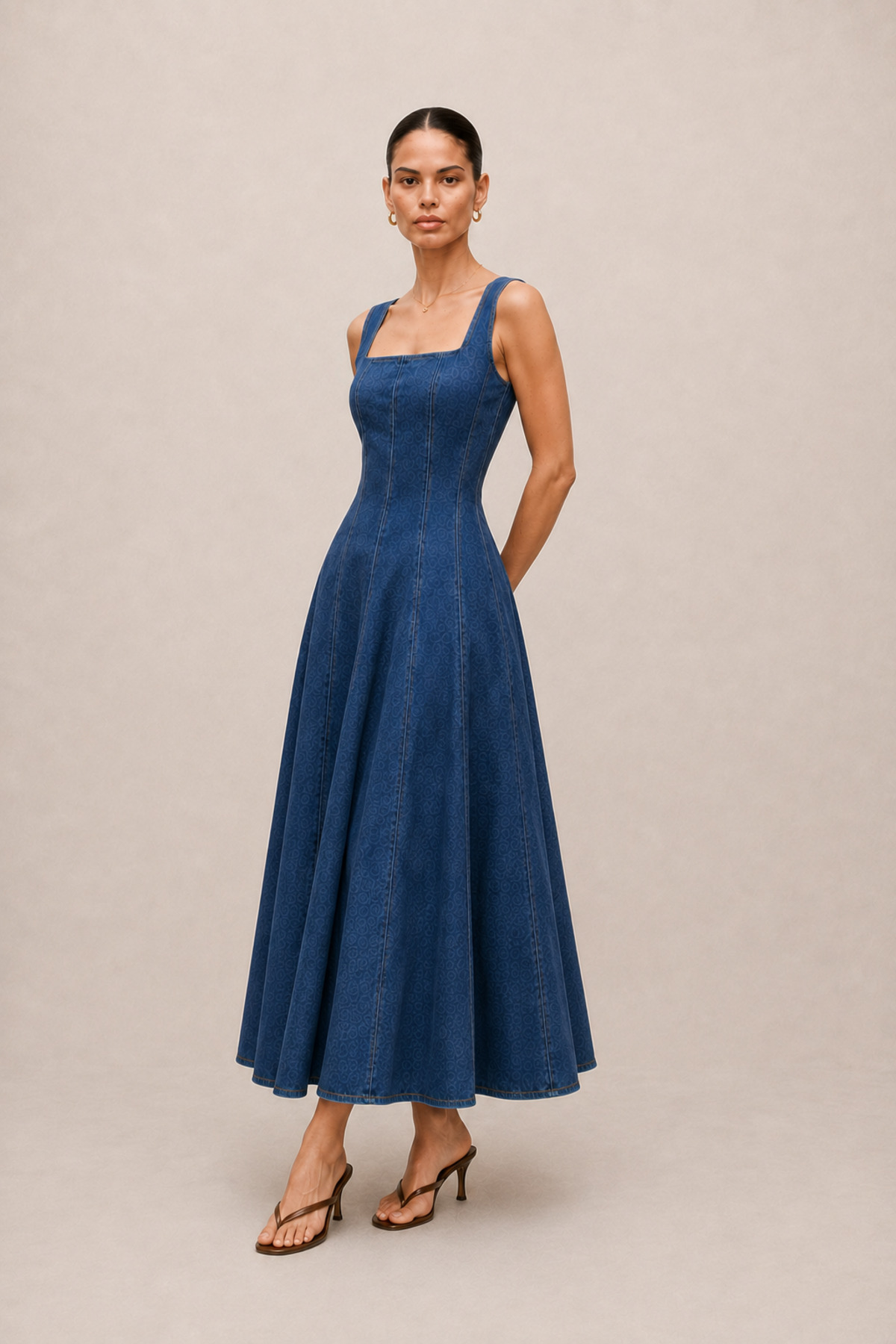 LADYA COLLECTION Mavi Kot Kare Yaka A Kesim Panel Detaylı Midiboy Denim Elbise görsel 8