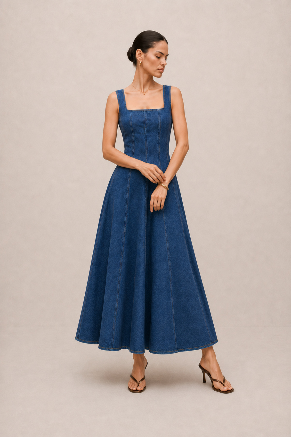 LADYA COLLECTION Mavi Kot Kare Yaka A Kesim Panel Detaylı Midiboy Denim Elbise görsel 5
