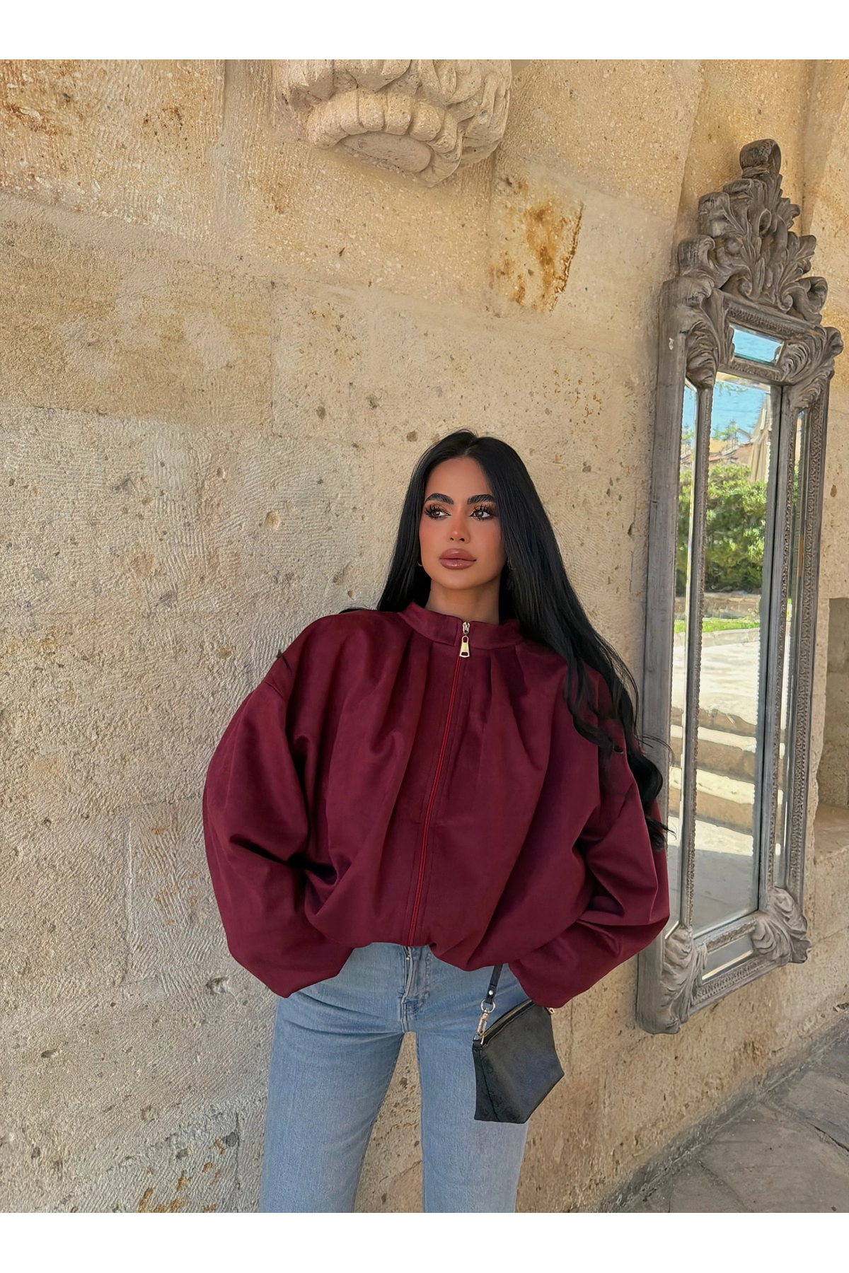 kırmızı butiks Bordo Balon Kol Süet Bomber Ceket görsel 2
