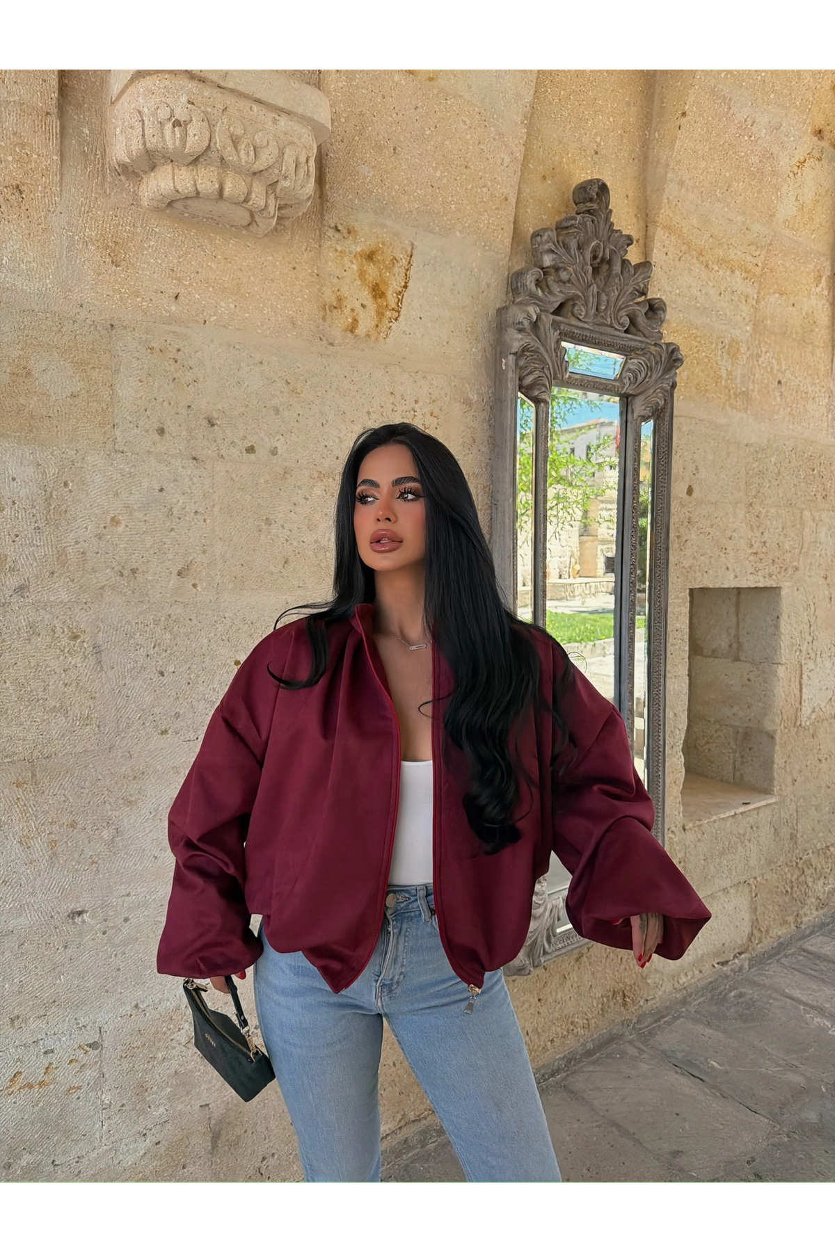 kırmızı butiks Bordo Balon Kol Süet Bomber Ceket