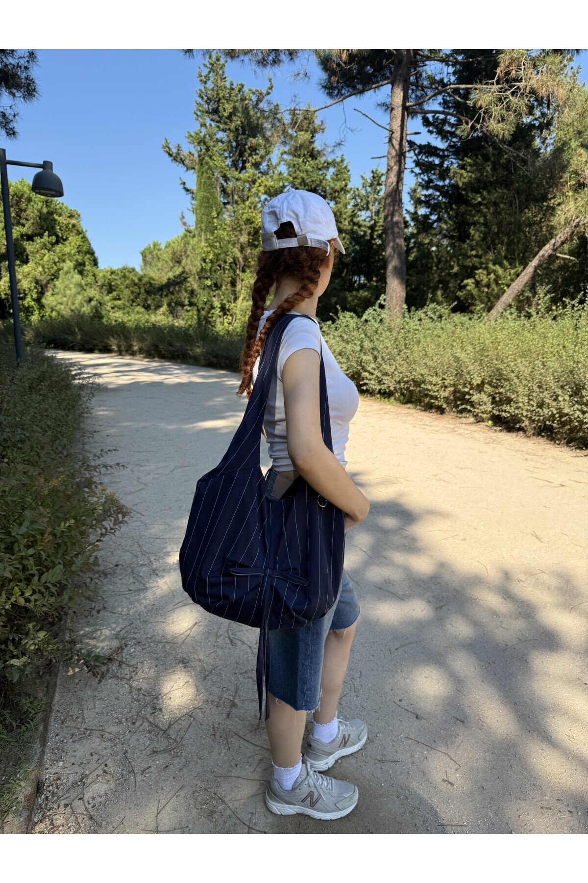 RONASBAG Jo Bag Geniş Hacimli 4 Cepli Lacivert Çizgili Kurdele Detaylı Omuz Çantası görsel 4