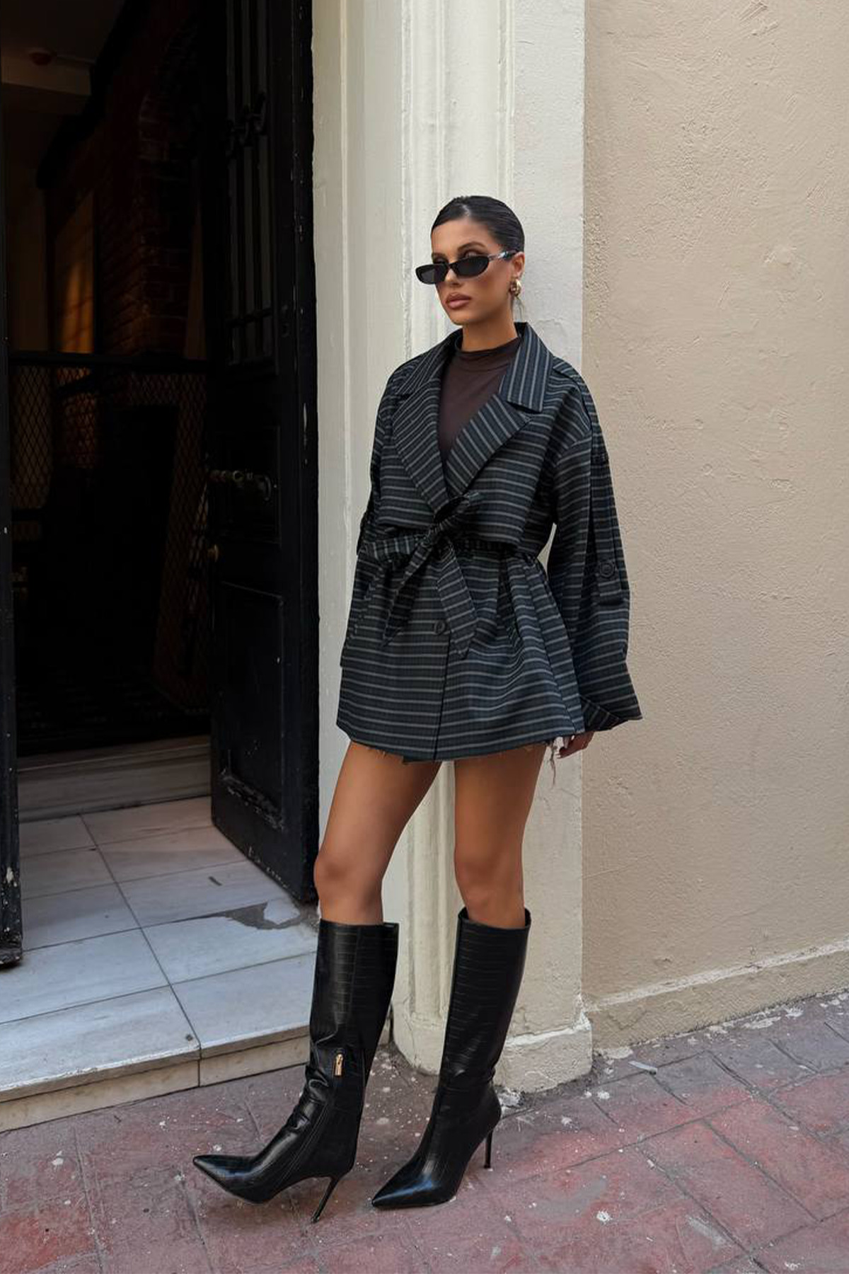 NET OF NOT Yeni Sezon Ekoseli Oversize Kuşak Detaylı Kadın Trençkot Ceket görsel 5