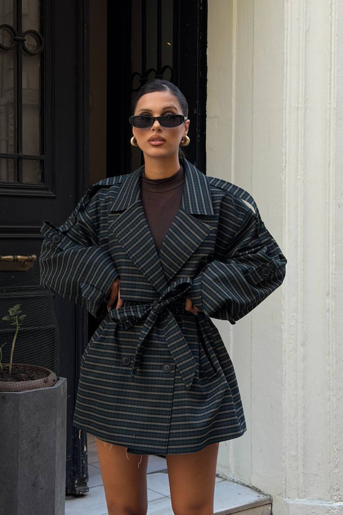 NET OF NOT Yeni Sezon Ekoseli Oversize Kuşak Detaylı Kadın Trençkot Ceket